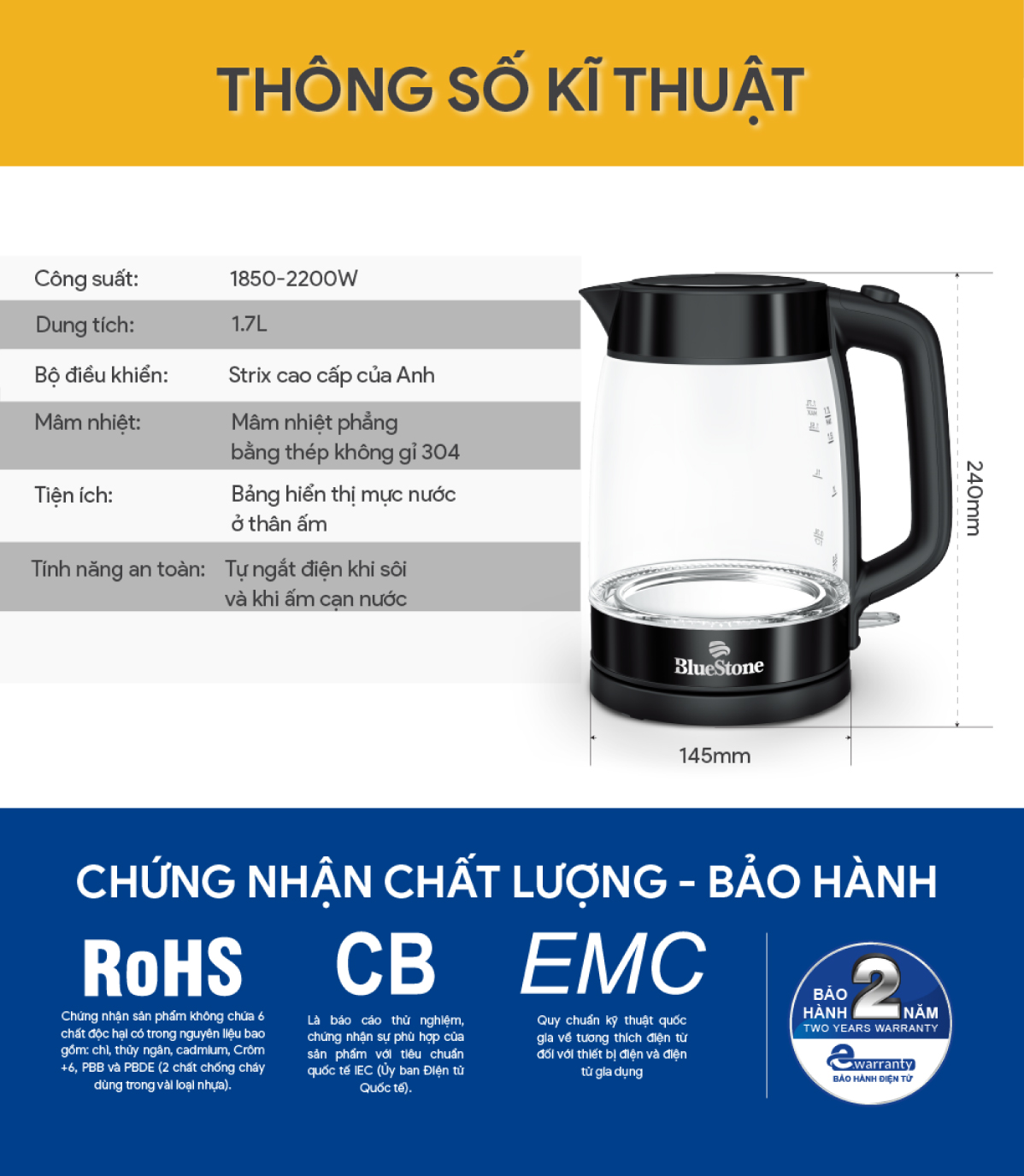 Mô tả Ấm Đun Siêu Tốc Thuỷ Tinh BlueStone KTB-3428 - 1.7 Lít - 2200W - điều khiển Strix - 6