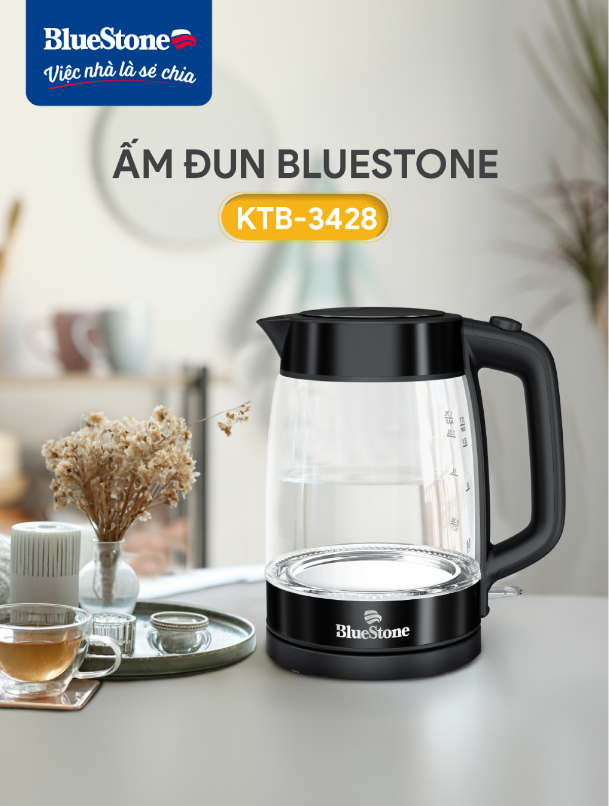 Mô tả Ấm Đun Siêu Tốc Thuỷ Tinh BlueStone KTB-3428 - 1.7 Lít - 2200W - điều khiển Strix - 7