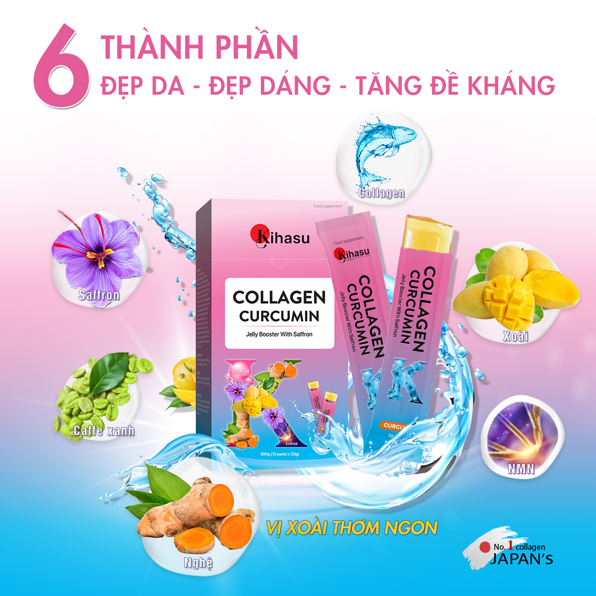 Mô tả Thạch collagen nghệ vàng Kihasu Booster với Nhụy hoa Nghệ Tây Đẹp Dáng, Sáng Da, Tăng Đề Kháng, Làm Chậm Lão Hóa - 1