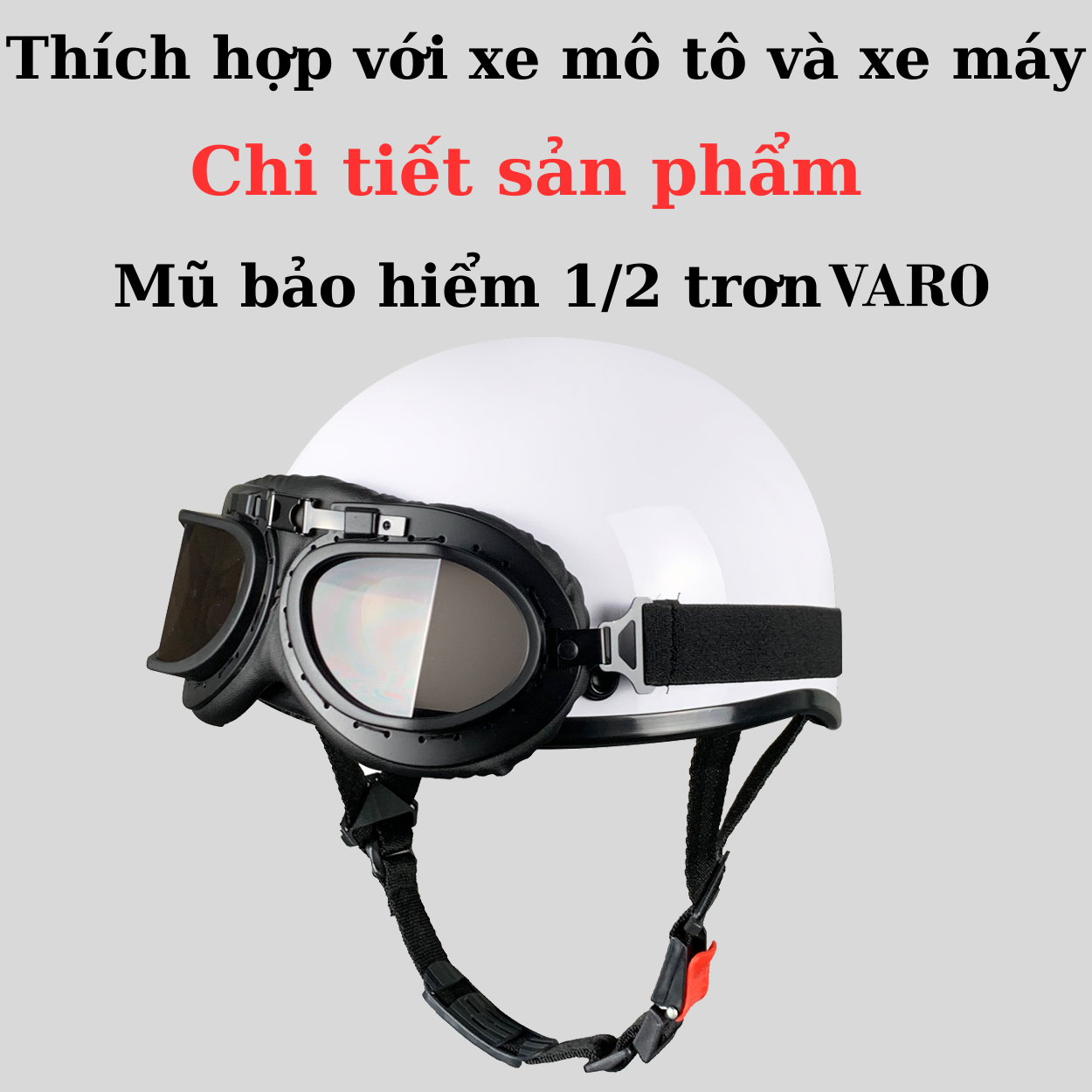 Mô tả Combo Mũ Bảo Hiểm Nửa Đầu VARO Trơn Kèm Kính Phi Công vintage - Nón Bảo Hiểm Phượt 1/2 Đầu Có Kính - 2