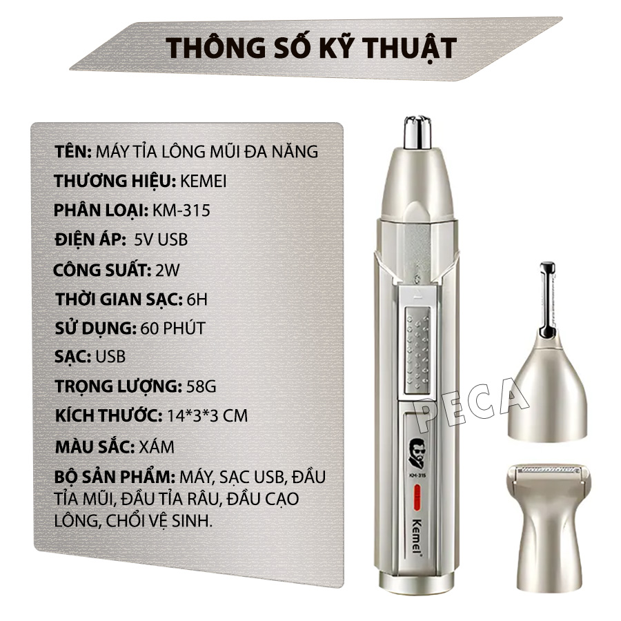 Mô tả Máy tỉa lông mũi đa năng 3in1 Kemei KM-315 dùng sạc USB chuyên dụng tỉa lông mũi, tỉa râu, cạo lông - Hàng chính hãng - 12