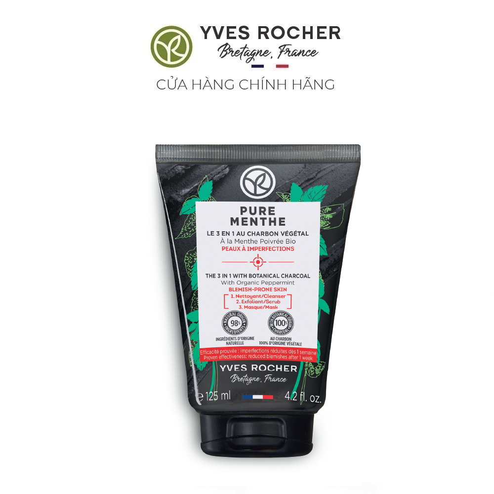 Mô tả Sữa rửa mặt, tẩy tế bào chết và mặt nạ 3 trong 1 than hoạt tính Yves Rocher Pure Menthe 125ml - 1