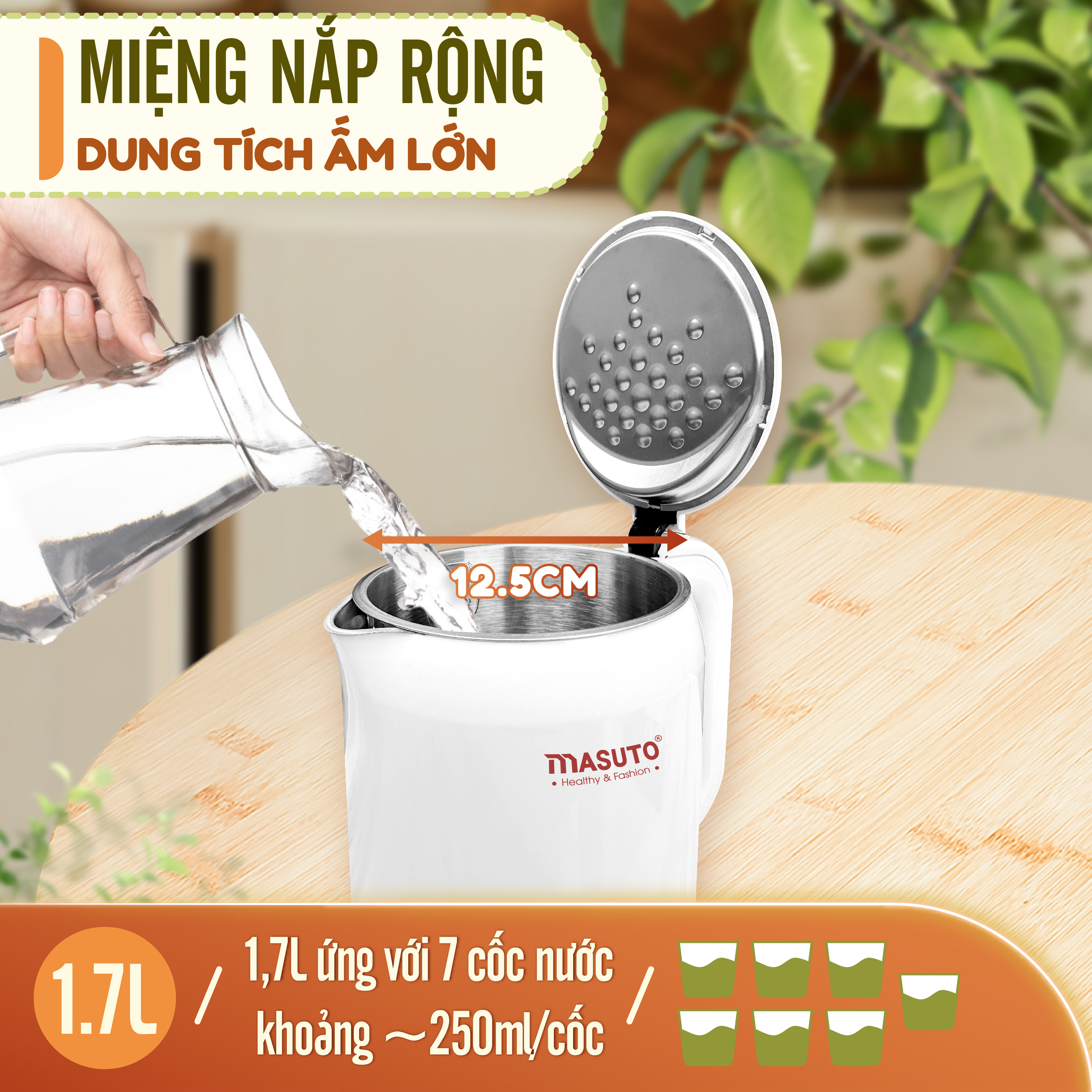 Mô tả Ấm đun siêu tốc Masuto 1,7L MS Nami 2 lớp giữ nhiệt chống bỏng an toàn inox 304 nguyên khối - 2