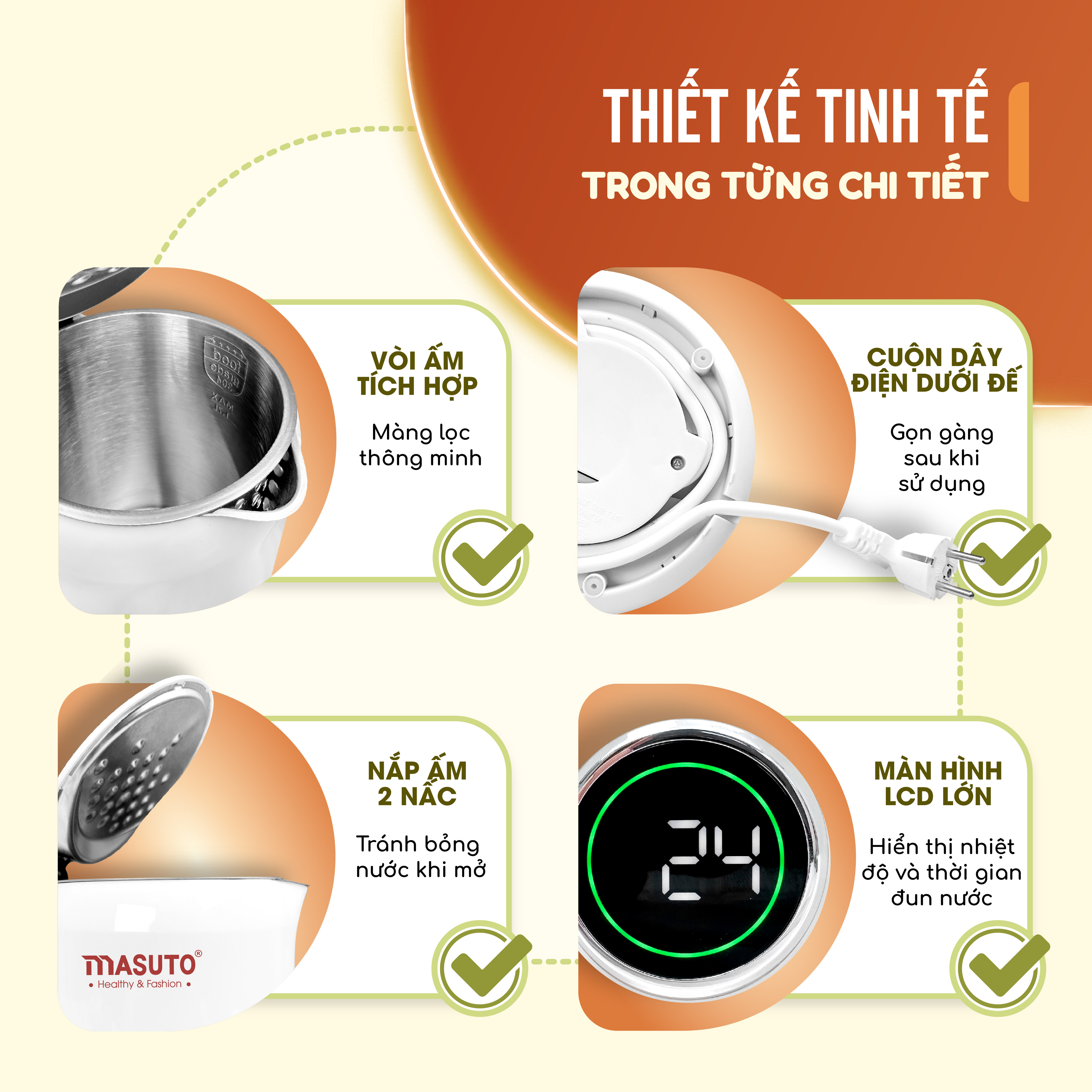 Mô tả Ấm đun siêu tốc Masuto 1,7L MS Nami 2 lớp giữ nhiệt chống bỏng an toàn inox 304 nguyên khối - 6