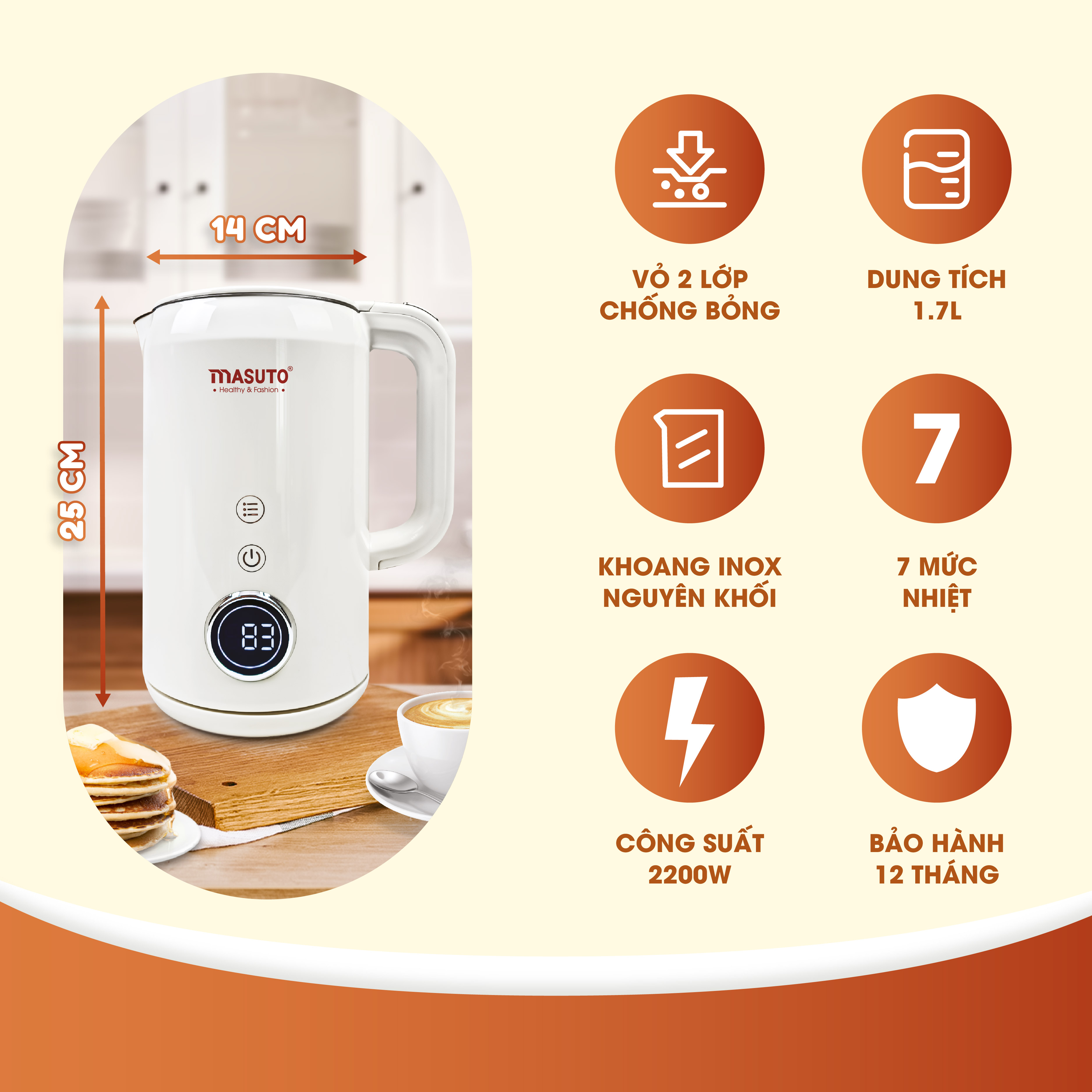 Mô tả Ấm đun siêu tốc Masuto 1,7L MS Nami 2 lớp giữ nhiệt chống bỏng an toàn inox 304 nguyên khối - 7