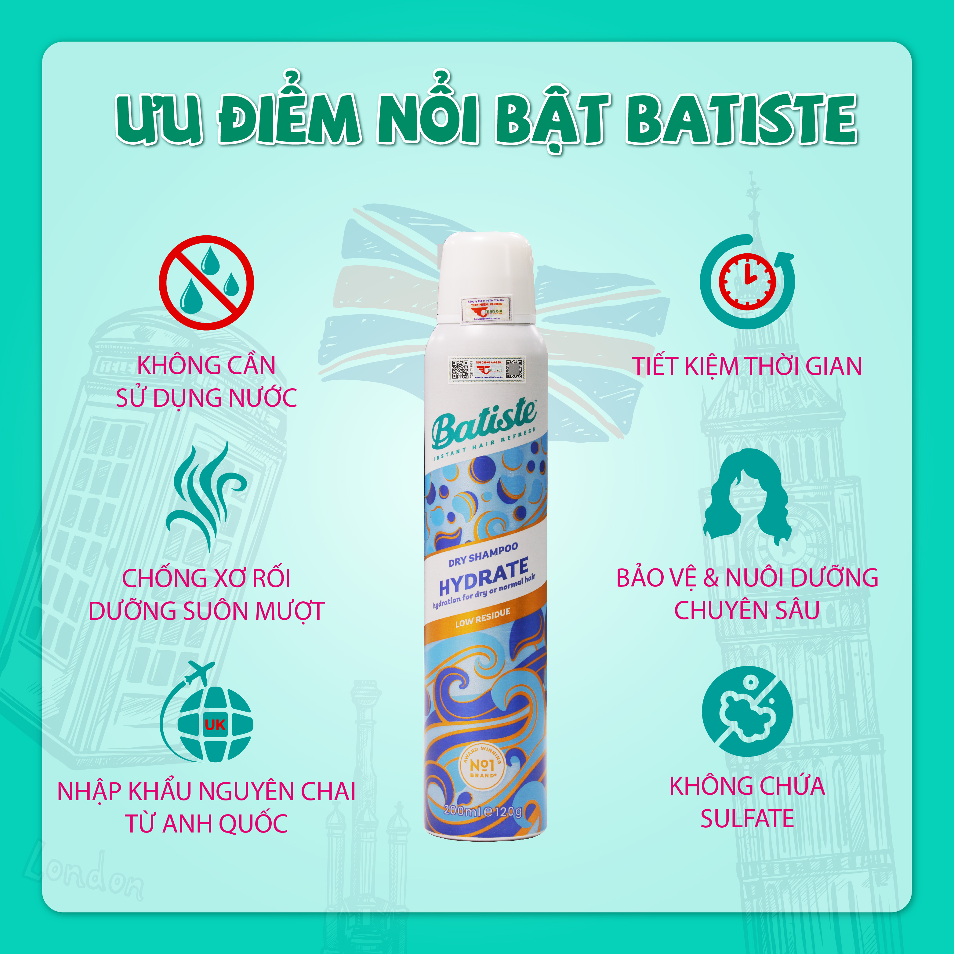 Mô tả Dầu Gội Khô Batiste Cấp Ẩm Cho Tóc Khô Xơ Batiste Dry Shampoo & Hydrate 200ml - 1