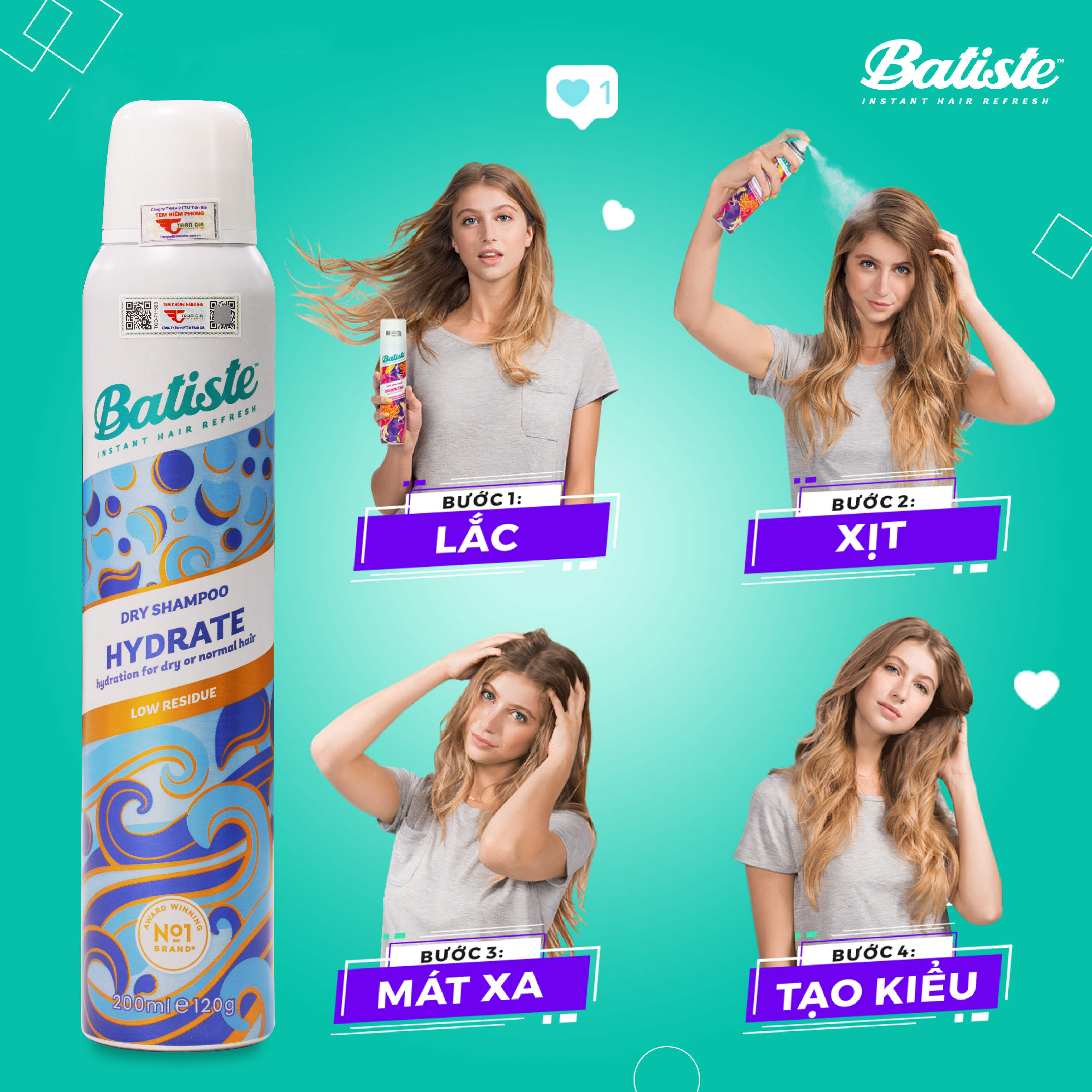 Mô tả Dầu Gội Khô Batiste Cấp Ẩm Cho Tóc Khô Xơ Batiste Dry Shampoo & Hydrate 200ml - 2