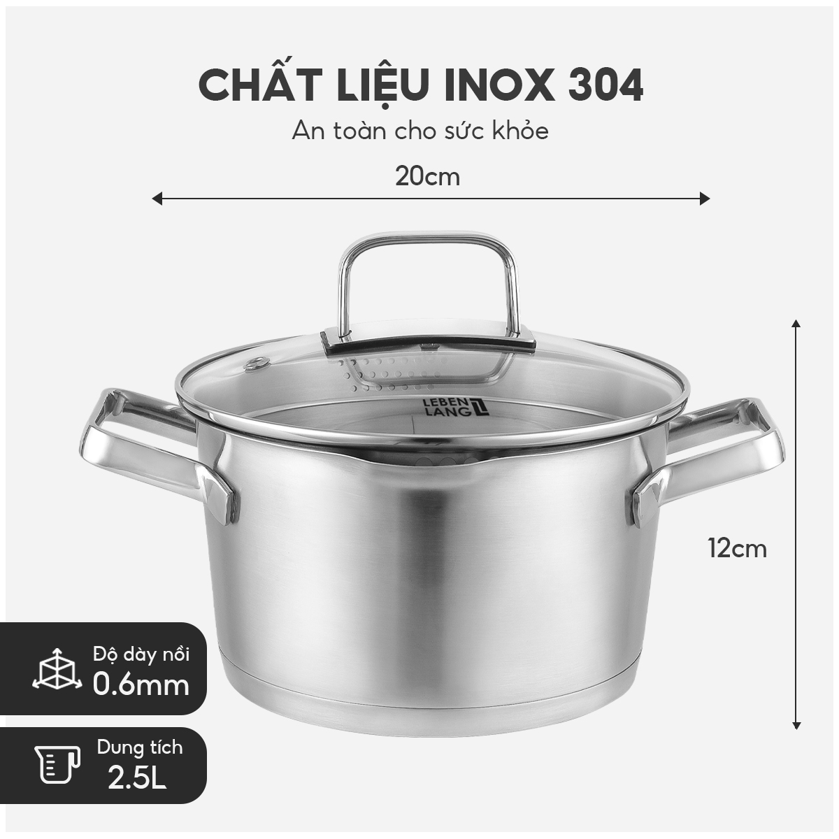 Nồi inox 304 vung kính đáy 3 lớp Lebenlang LBL2529, size 20 có khe chắt  nước, dùng cho mọi loại bếp - hàng chính hãng