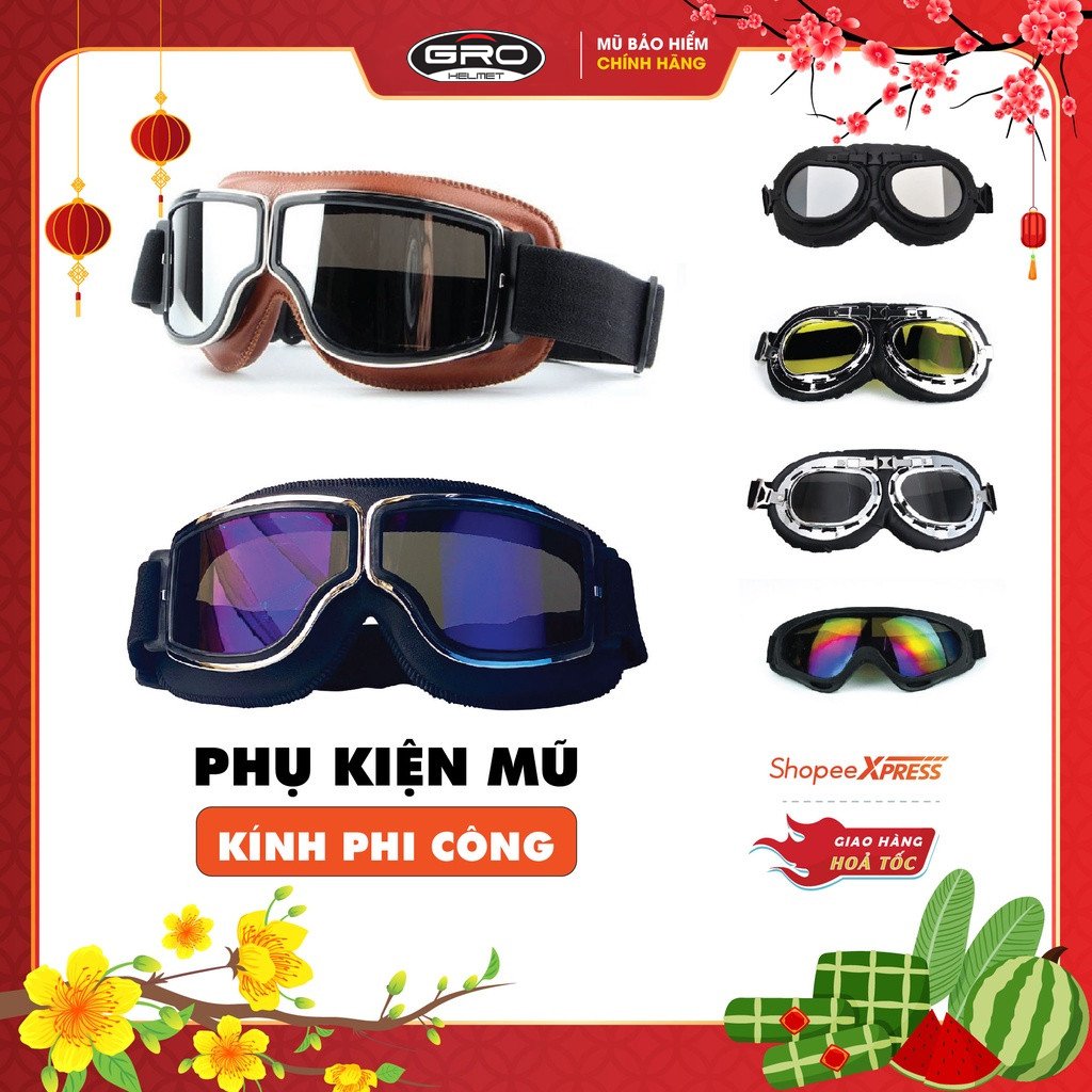 Mô tả Kính Phi công, Kính UV x400, Kính phi công vintage GRO HELMET gắn mũ bảo hiểm 1/2, 3/4 đi phượt chắn bụi hàng chính hãng - 1