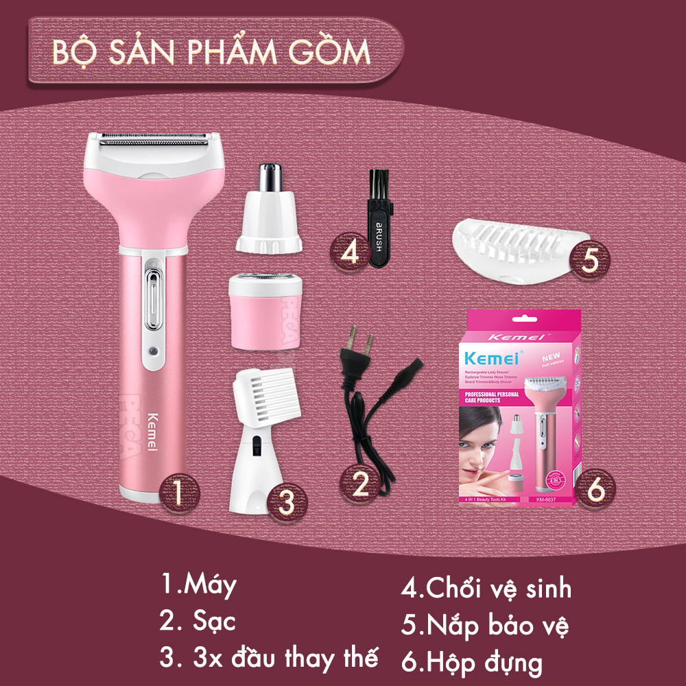 Mô tả Máy tẩy lông 4in1 đa năng mini Kemei KM-6637 chuyên dùng cạo lông toàn thân sử dụng pin sạc tiện lợi - 12