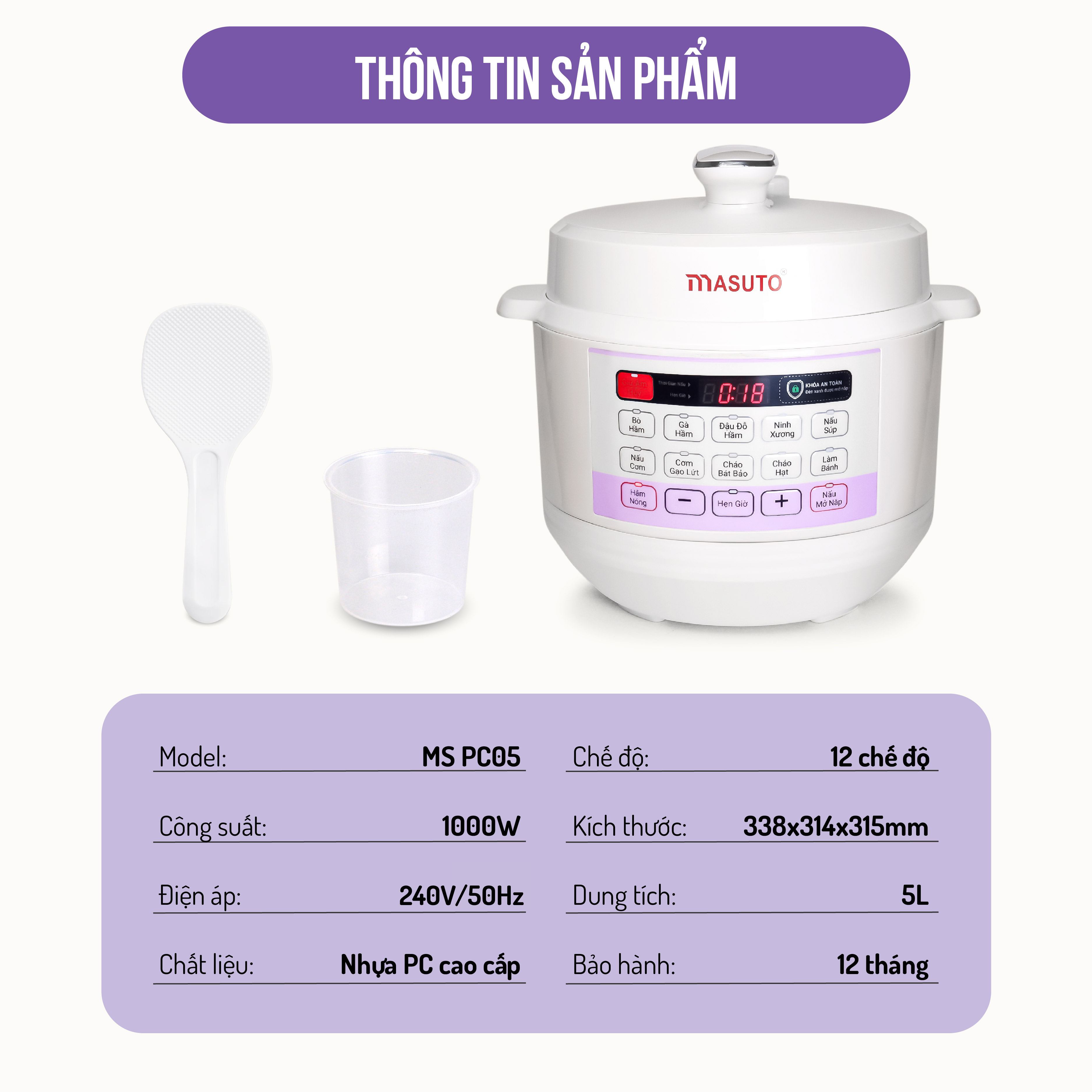 Mô tả Nồi Áp Suất Điện Đa Năng Masuto PC05 10in1  Van Xả Tự Động Kho Hầm Nhừ Nấu Cơm Nấu Lẩu Đa Năng Có Nấu Mở Nắp - 7