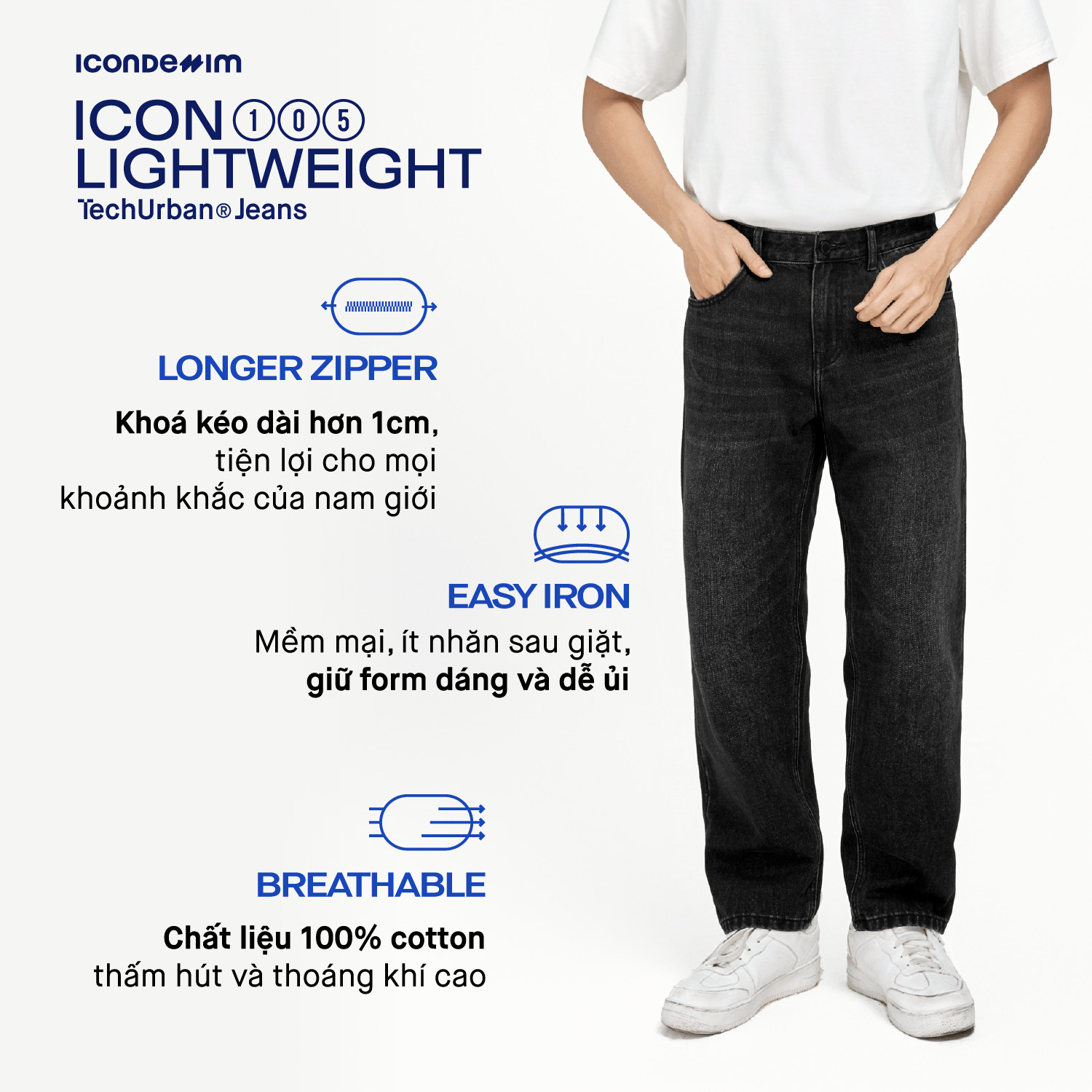 Mô tả Quần jeans nam ICONDENIM, quần bò ống đứng, dáng suông, công nghệ Lightweight siêu nhẹ, chống nhăn tốt ICON105 - 3