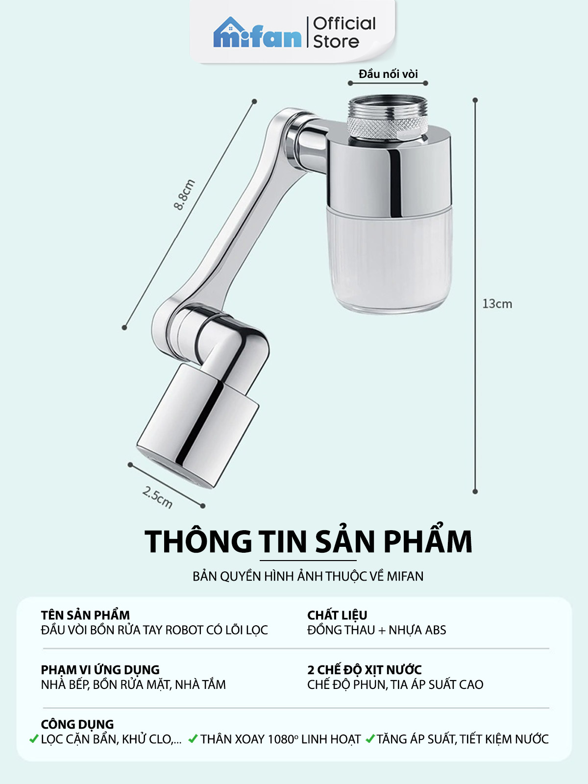 Mô tả Đầu Lọc Nước Tại Vòi Bồn Rửa Mặt MIFAN - Đồng thau cao cấp, Tăng áp mạnh mẽ, Tay xoay 3 chiều 1080°, 2 chế độ phun - 9