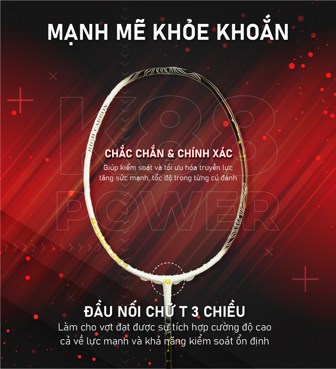 Mô tả Vợt cầu lông Kuno K88 power, công thủ toàn diện, hướng công, lối chơi tấn công nhanh, phản tạt, 4U 82gram ,căng sẵn 11kg - 5
