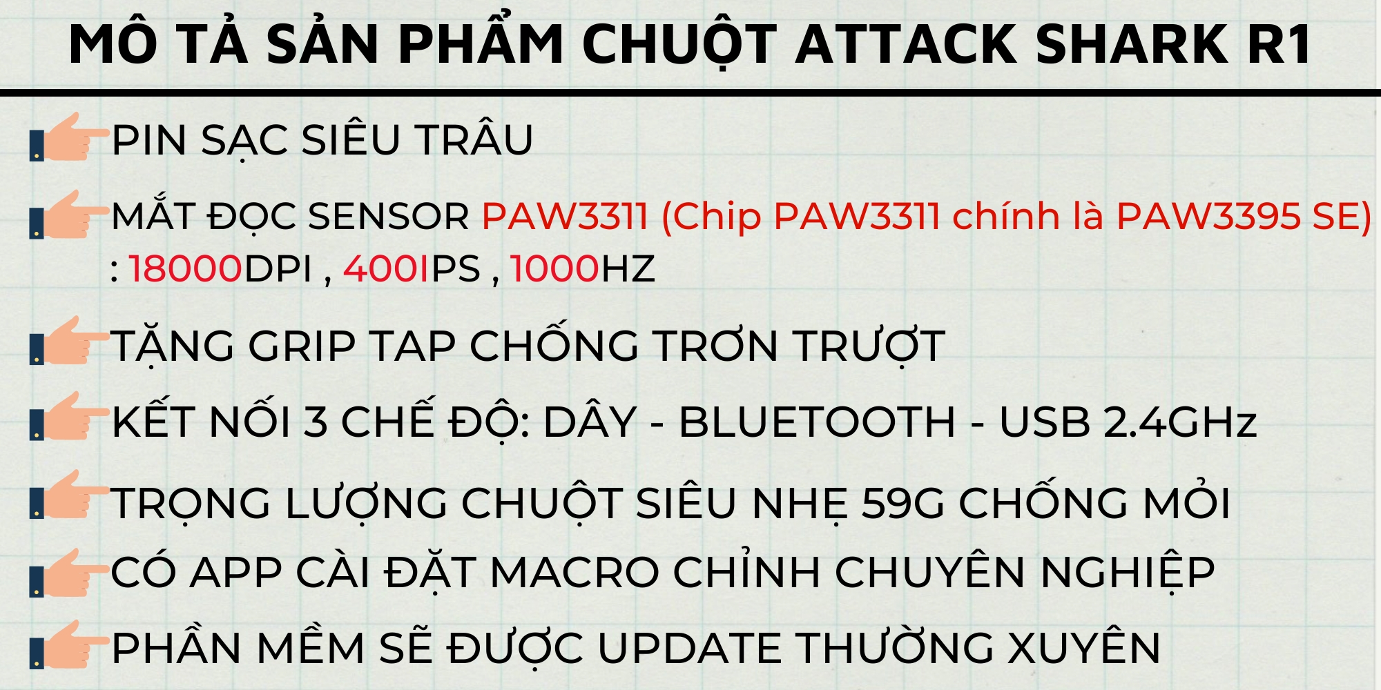 Chuột Không Dây Bluetooth Chip PAW3311 Attack Shark R1 18000DPI 3 Mode ...