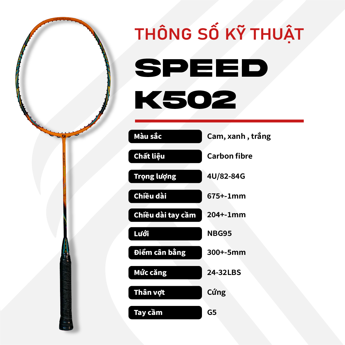 Mô tả Vợt cầu lông 4U KUNO Speed K502 full carbon cao cấp, vợt cầu lông tấn công phản tạt được lựa chọn mức căng - 2