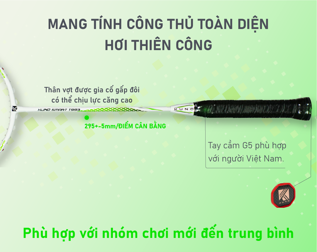 Mô tả Vợt cầu lông KUNO Smart T993 full carbon thiên công, trọng lượng 4u, công nghệ chống rung chống xoắn - Căng Sẵn 11kg - 6