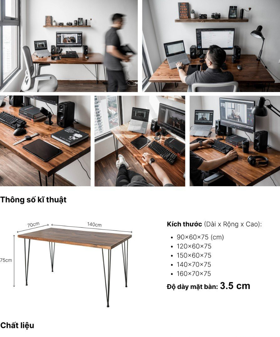 Mô tả Bàn làm việc bằng gỗ tự nhiên màu nâu sẫm rustic 140x70 chân sắt FEGO - 5