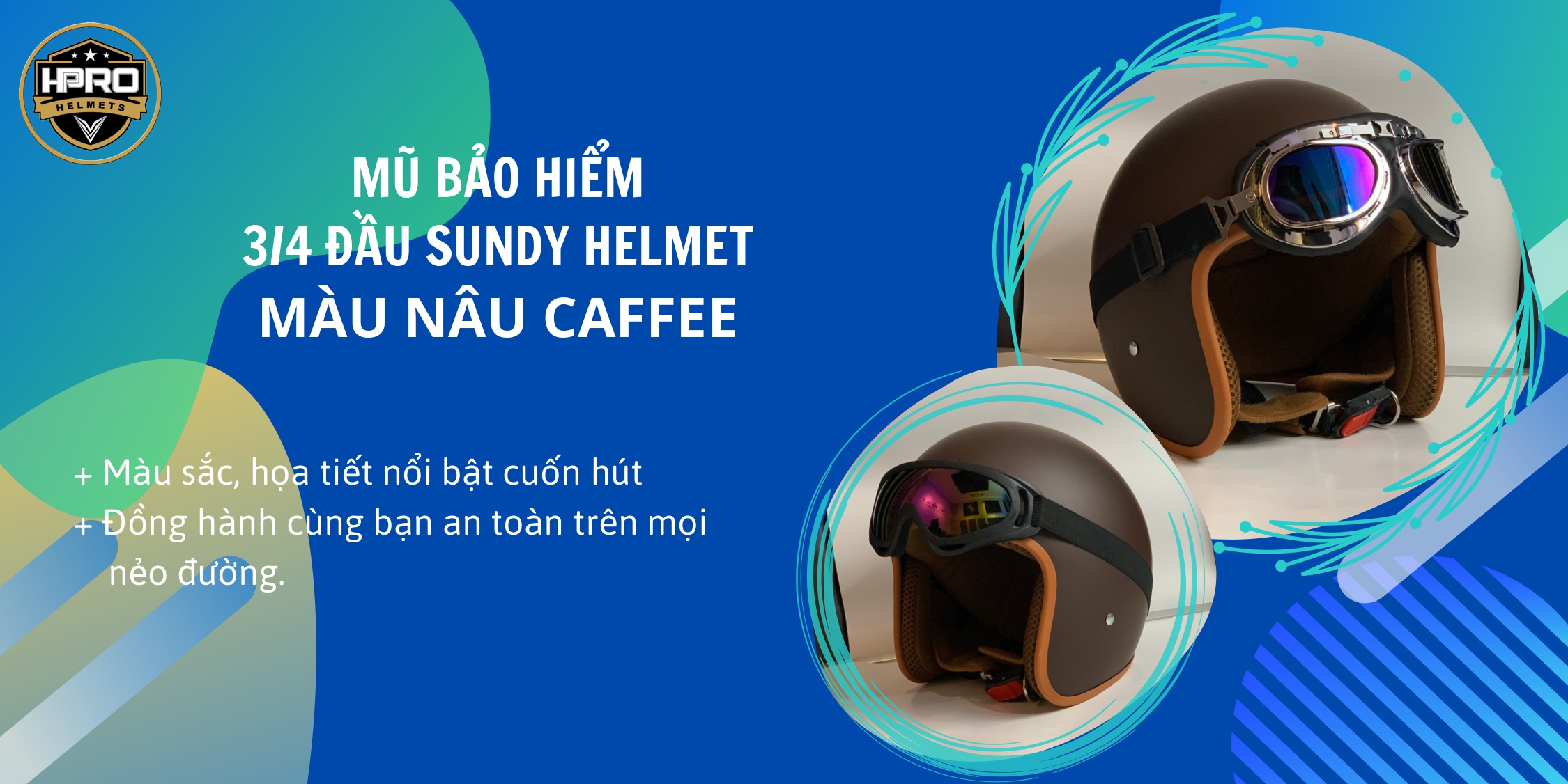Mô tả Mũ bảo hiểm 3/4 đầu Sundy Helmets, màu nâu caffee sang trọng, hiện đại, kèm kính UV, phi công, Freesize (54-58cm) - 1
