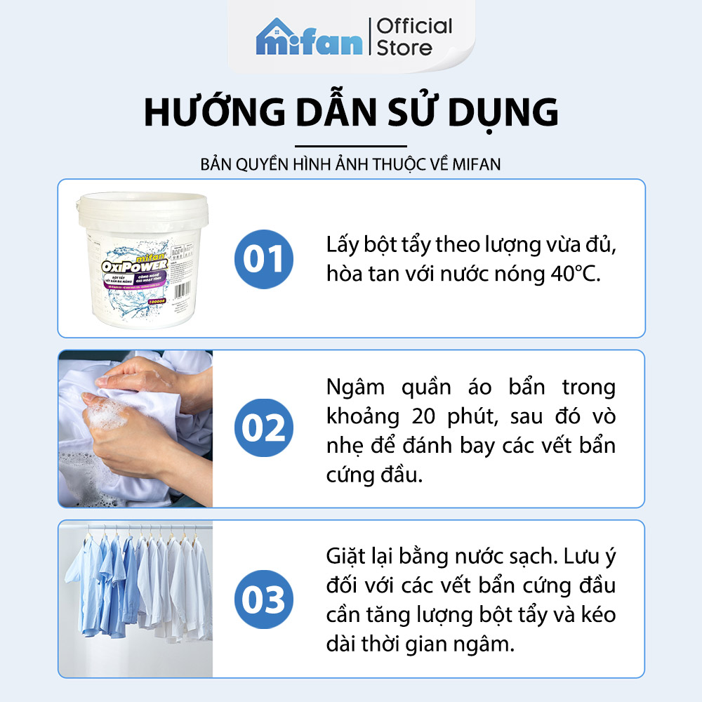 Mô tả Bột Tẩy Trắng Quần Áo Thần Thánh 1100gr Mifan - Làm sạch vải ố vàng, vết bẩn khó giặt - An toàn, không phai màu - 9