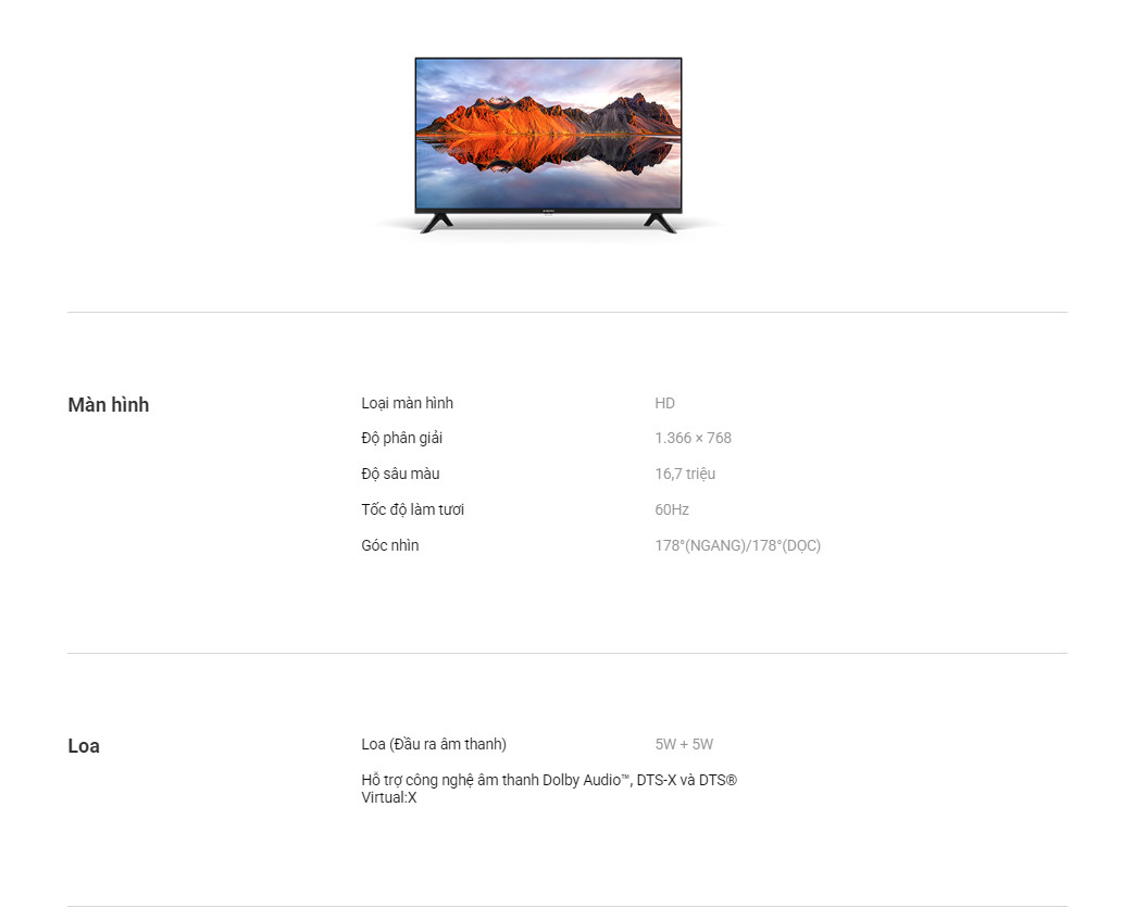 Thông số kỹ thuật Tivi Xiaomi A 32 inch