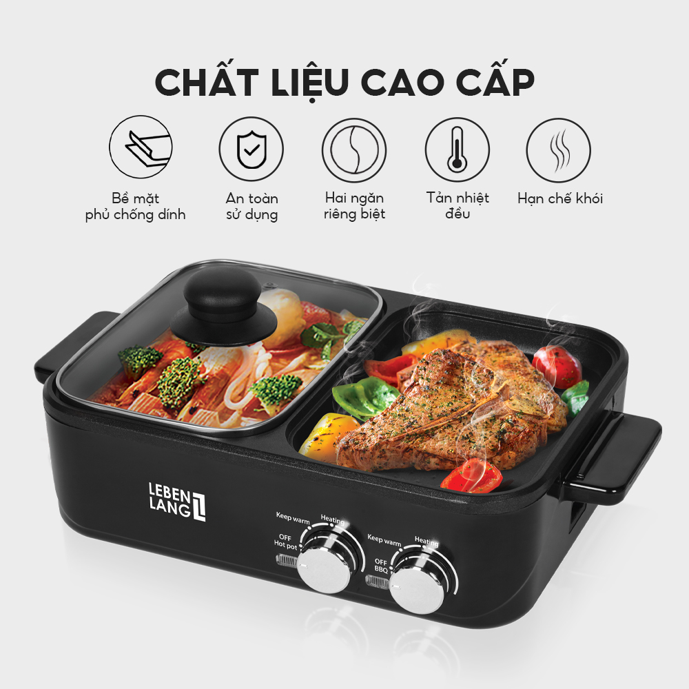 Nồi lẩu điện 2 ngăn mini Lebenlang LBL8583,bếp lẩu nướng 2in1 công suất  1300W, 1200ml nhanh gọn tiện lợi-hàng chính hãng