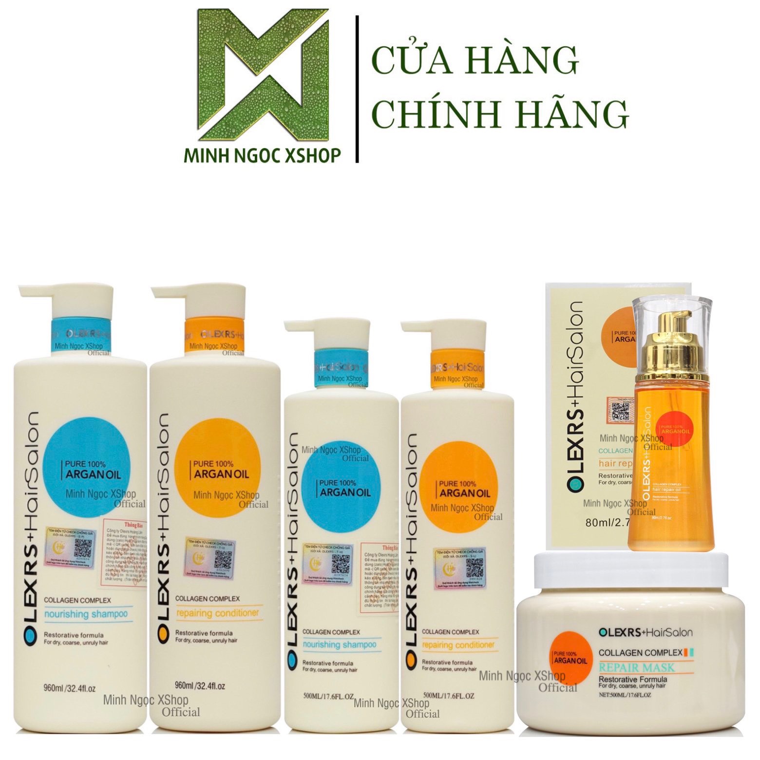 Mô tả Combo dầu gội xả, kem ủ tóc, dầu dưỡng phục hồi chống rụng Olexrs Hair Salon Collagen 80ml - 500ml - 960ml - 4
