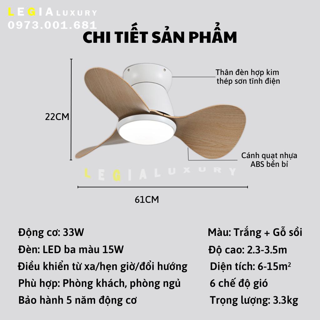 Mô tả Quạt Trần Mini 3 Cánh Giá Rẻ LÊ GIA LGFAN730V - Chiều Cao 22cm - Sải Cánh 61cm - Bảo Hành 5 Năm - 7