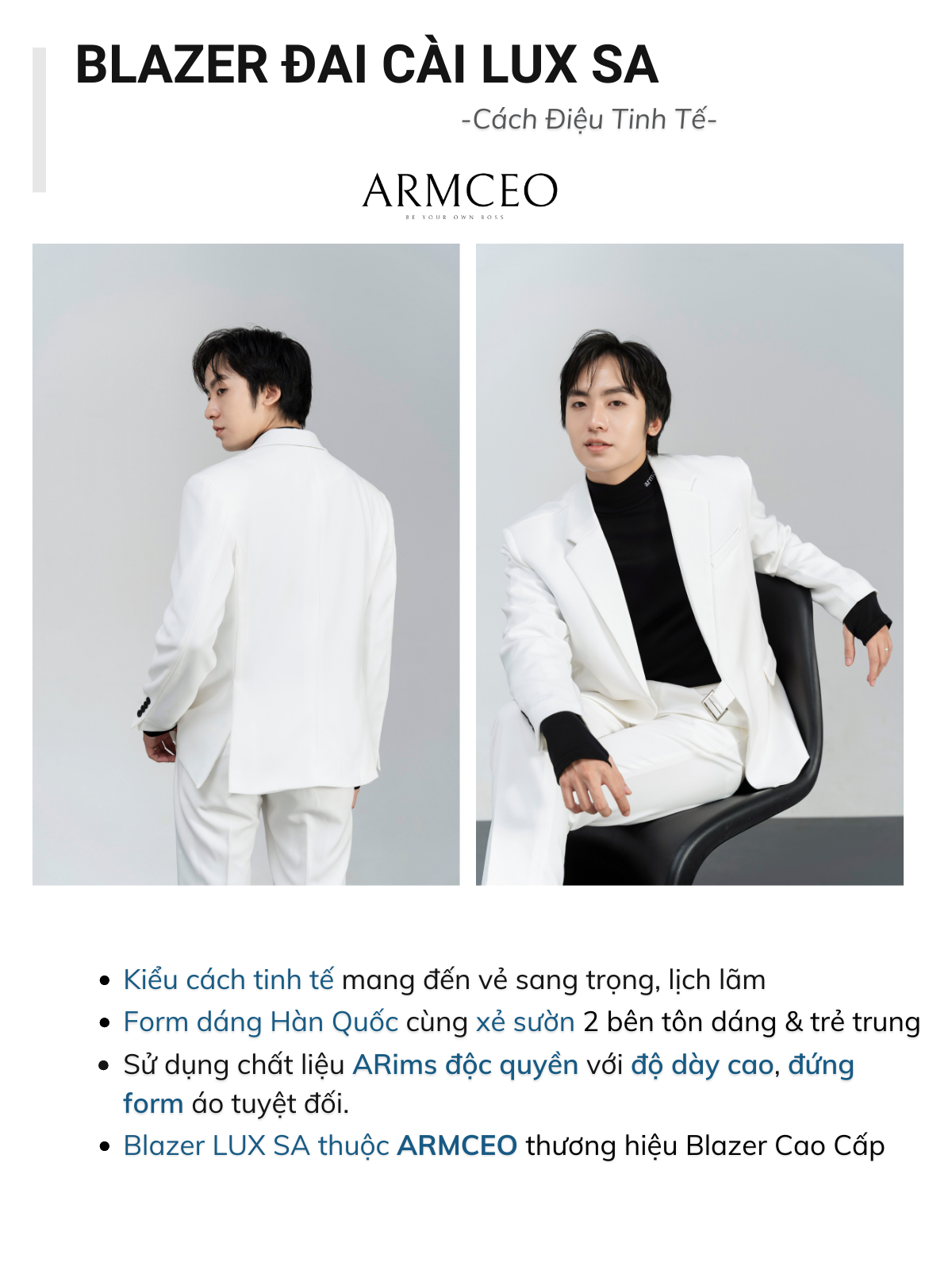 Mô tả Áo blazer nam cao cấp  ARMCEO LUX đai cài, có đệm vai, form tôn dáng chuẩn Hàn Quốc -ARK01 - 9