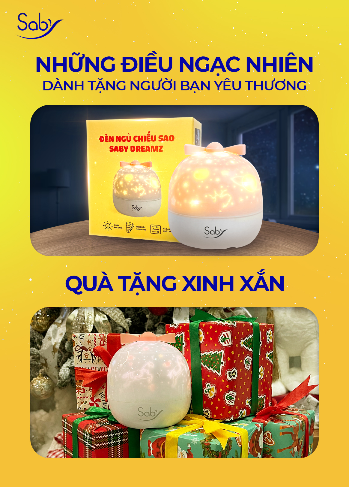 Mô tả Đèn chiếu sao Saby Dreamz kèm 3 tấm phim chiếu TỰ CHỌN, pin sạc, xoay 360 độ với 3 màu ánh sáng, BH 12 tháng - 1