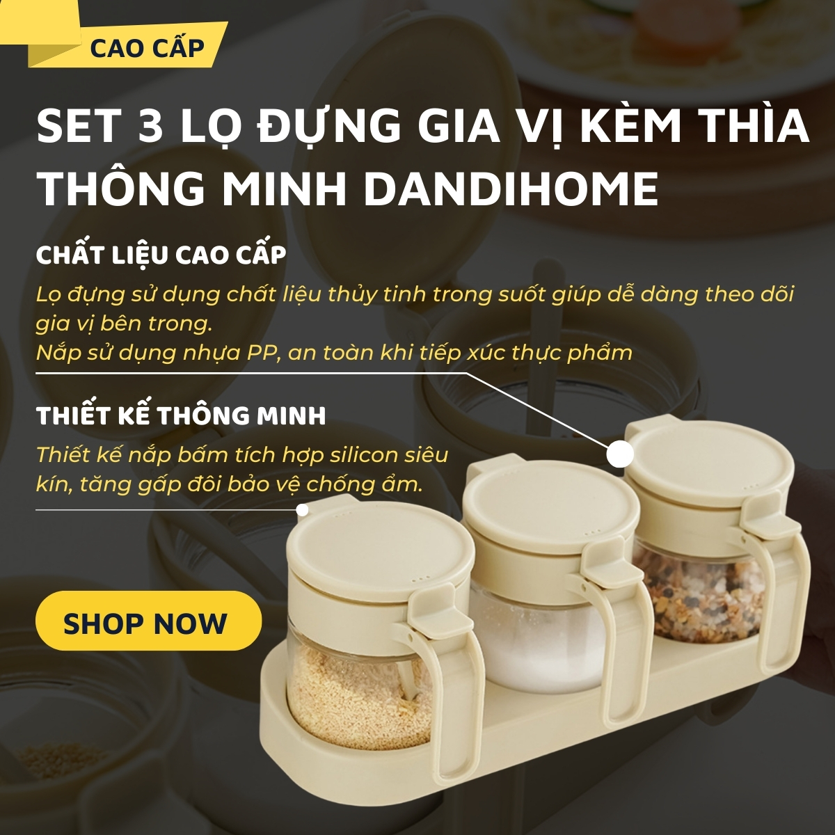 Mô tả Set 3 hũ (lọ) đựng gia vị kèm khay DandiHome 250ml thủy tinh cao cấp tặng muỗng - 1