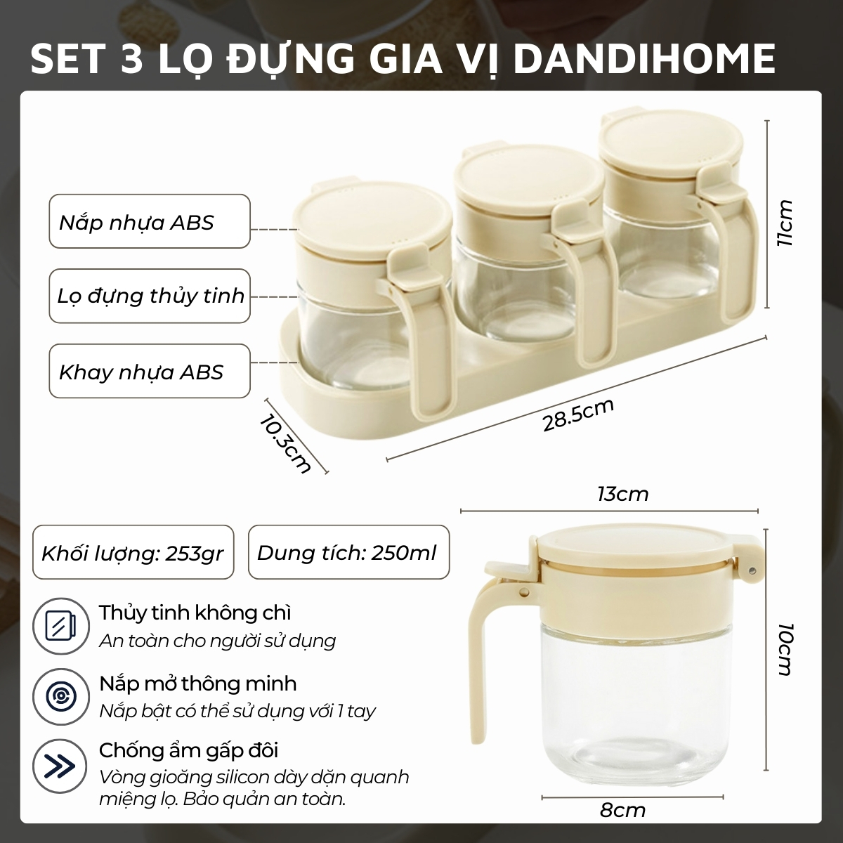 Mô tả Set 3 hũ (lọ) đựng gia vị kèm khay DandiHome 250ml thủy tinh cao cấp tặng muỗng - 2