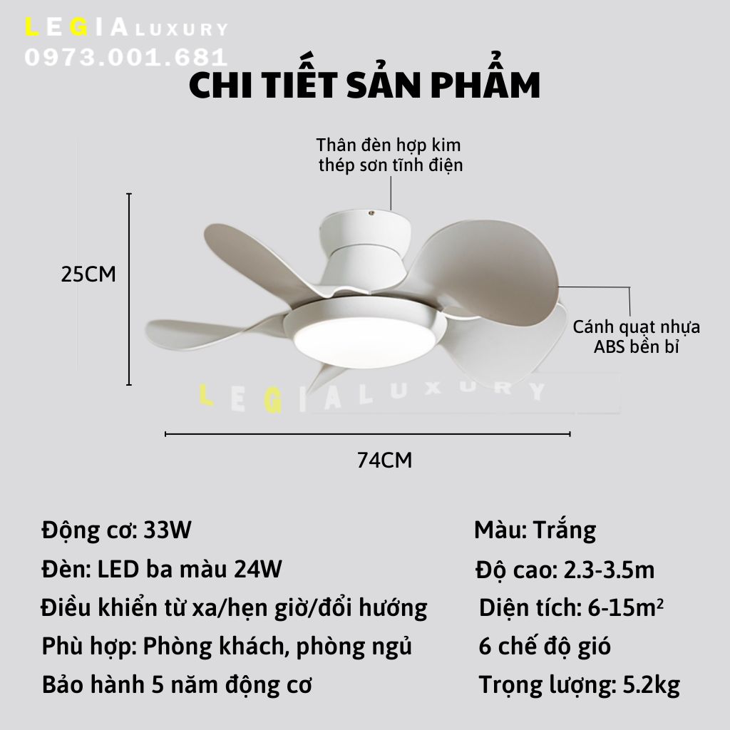 Mô tả Quạt Trần Mini Gió Mạnh LÊ GIA LGFAN731T - Chiều Cao 25cm - Sải Cánh 74cm - Bảo Hành 5 Năm - 7