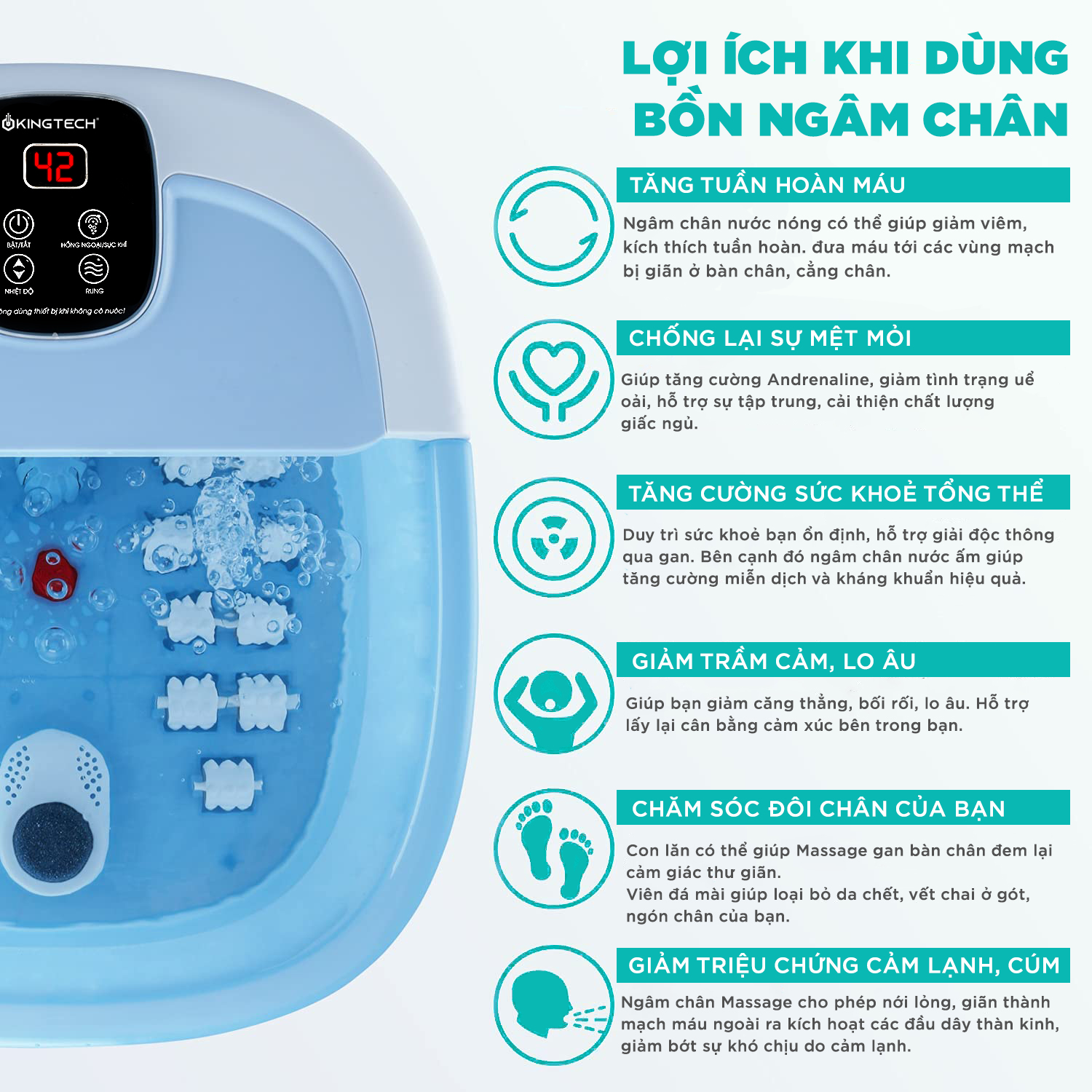 Mô tả Bồn Ngâm Chân Massage Cao Cấp KINGTECH BM-400, 22 Con Lăn Kết Hợp Ngâm Nước Nóng, Đèn Hồng Ngoại, Sục Khí Thư Giãn - 6