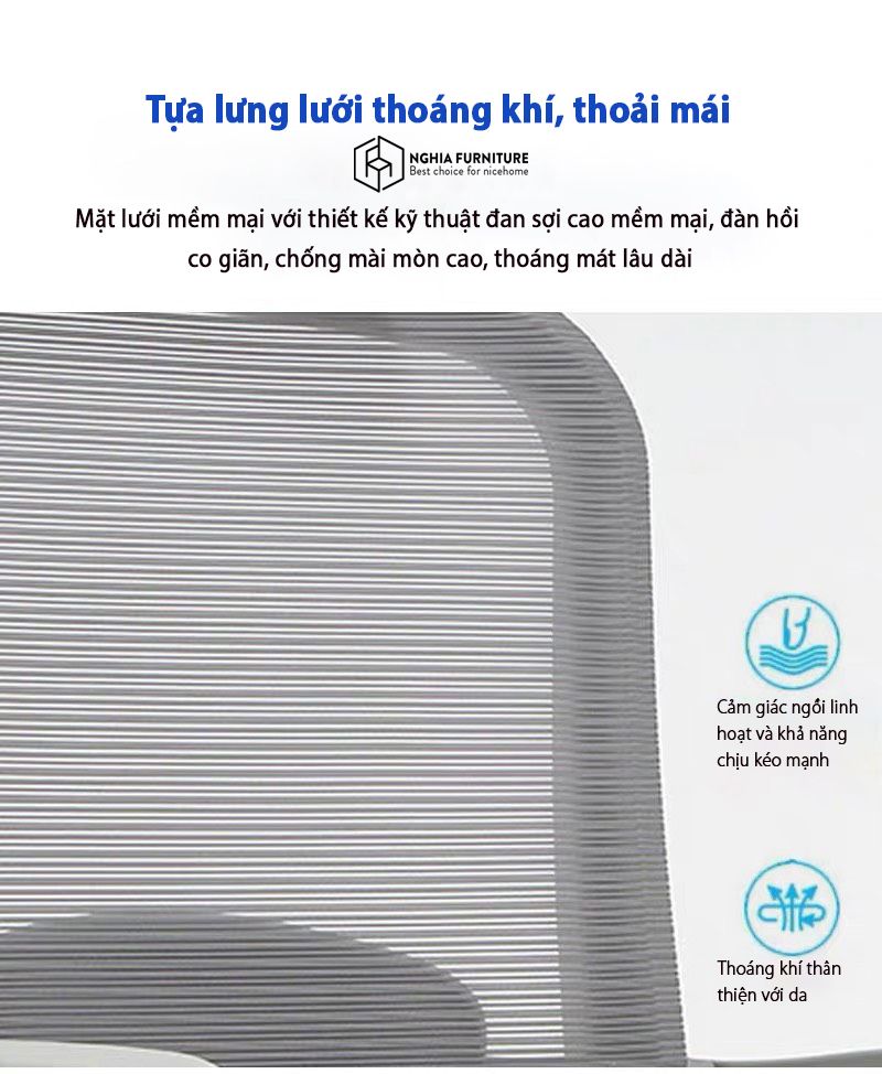 Mô tả Ghế văn phòng công thái học Nghiafurniture Niko, Nâng hạ, ngả lưng, nệm cao cấp, bảo hành 3 năm - 1