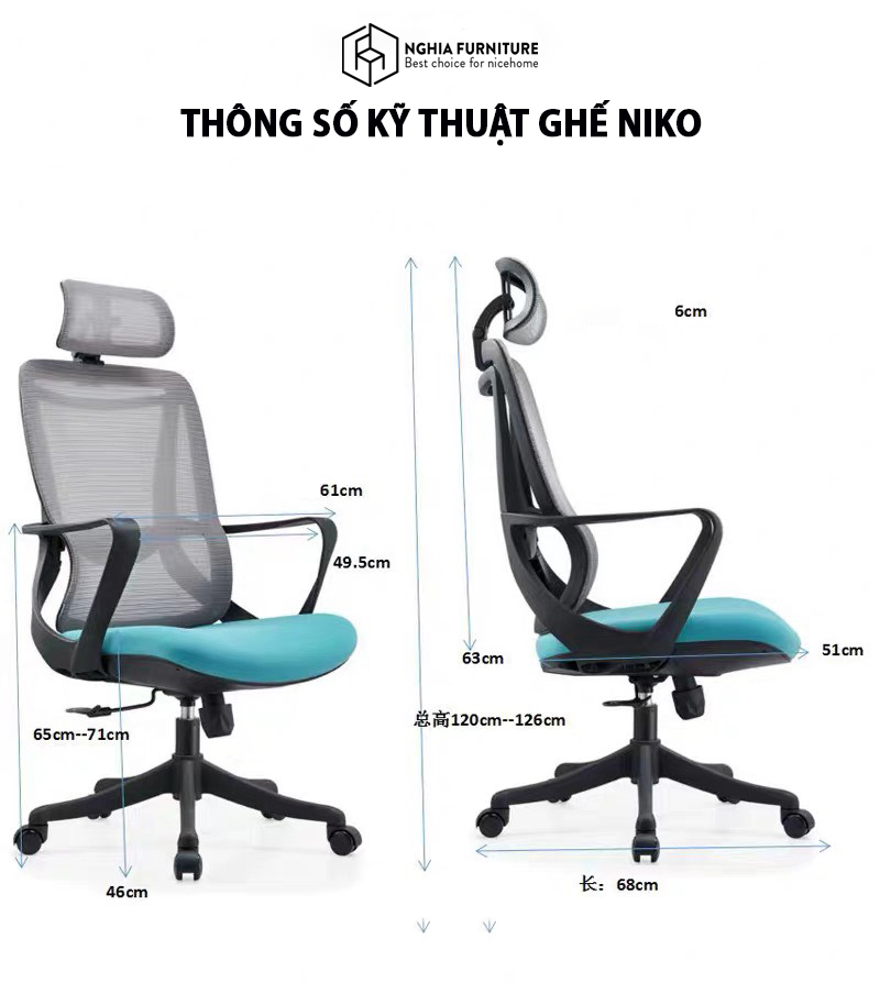 Mô tả Ghế văn phòng công thái học Nghiafurniture Niko, Nâng hạ, ngả lưng, nệm cao cấp, bảo hành 3 năm - 5