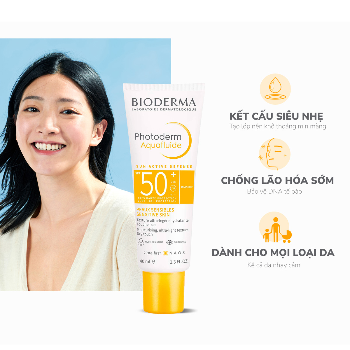 Mô tả Kem chống nắng giảm bóng nhờn cho mọi loại da Bioderma Photoderm Aquafluide SPF50+ Claire 40ml [Màu da] - 2