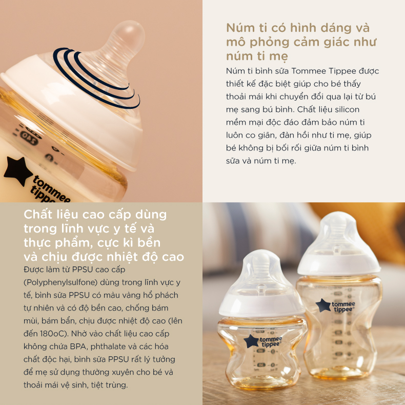 Mô tả Bình Sữa PPSU Ty Siêu Mềm Tự Nhiên Tommee Tippee 150ml, 260ml, Set Đôi, Nhiều Size, Được Mua Kèm Thêm 01 Núm Ty Bất Kì - 4
