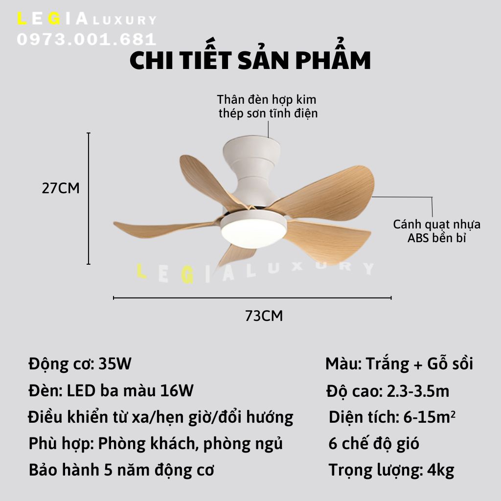 Mô tả Quạt Trần Mini Có Đèn Lê Gia LGFAN650V - Chiều Cao 23cm - Sải Cánh 73cm - Bảo Hành 5 Năm - 8