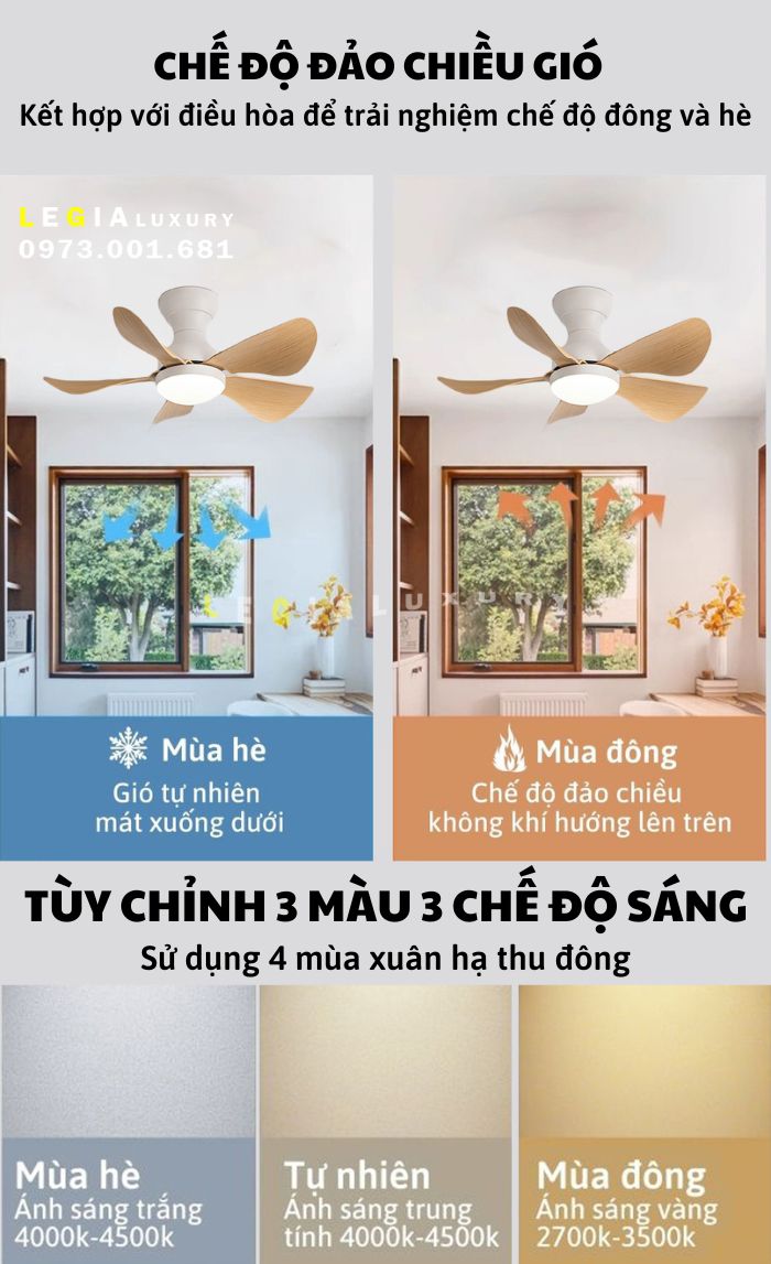 Mô tả Quạt Trần Mini Có Đèn Lê Gia LGFAN650V - Chiều Cao 23cm - Sải Cánh 73cm - Bảo Hành 5 Năm - 3