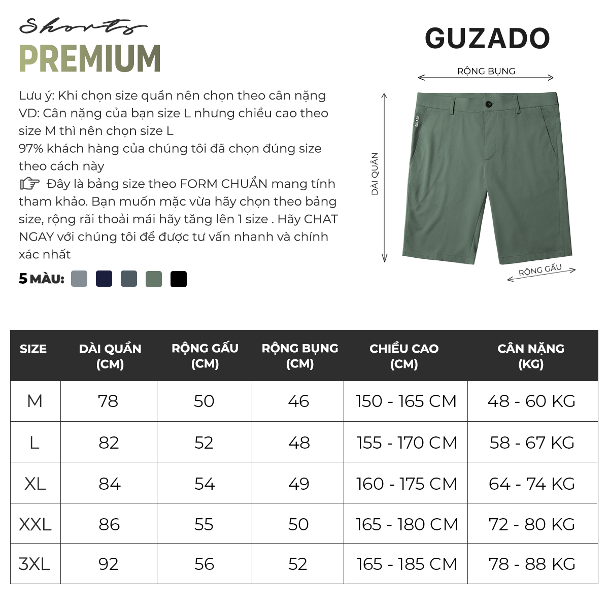 Bảng size quần short Guzado GSR15