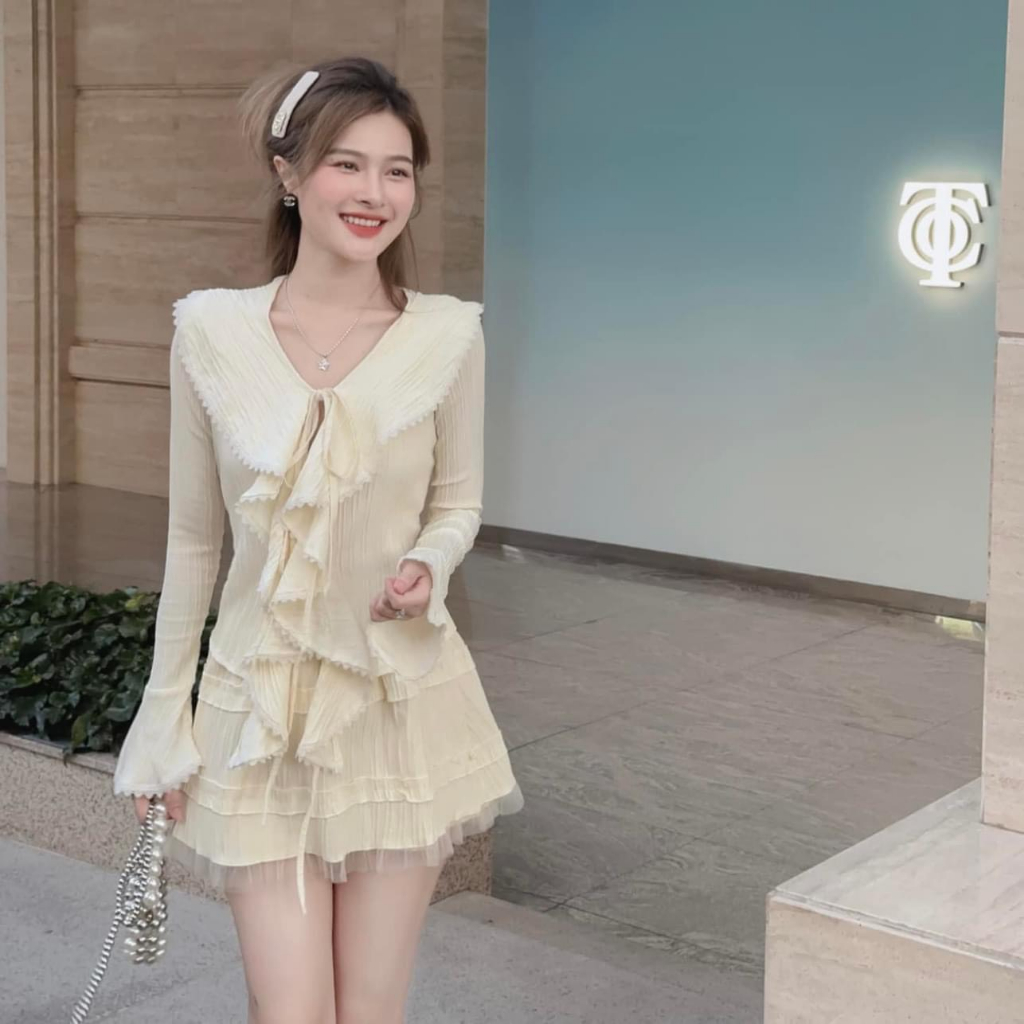Sét áo váy tiểu thư nữ tính, set bộ đồ nữ bánh bèo phối ren áo buộc dây ...