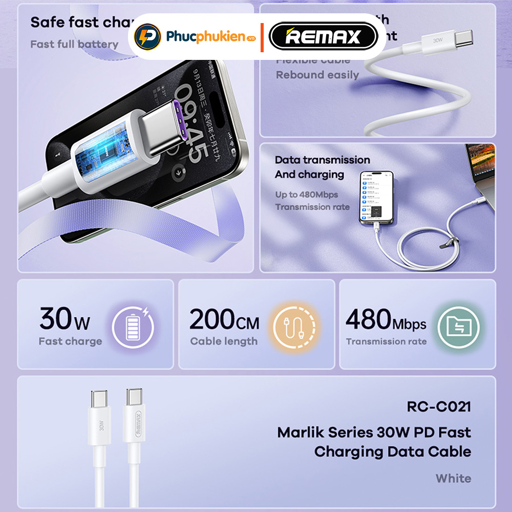 Mô tả Dây sạc type c to type c Remax C021 dài 2m sạc nhanh 30w chuẩn PD cho 15 16 series - Phúc Phụ Kiện - 3