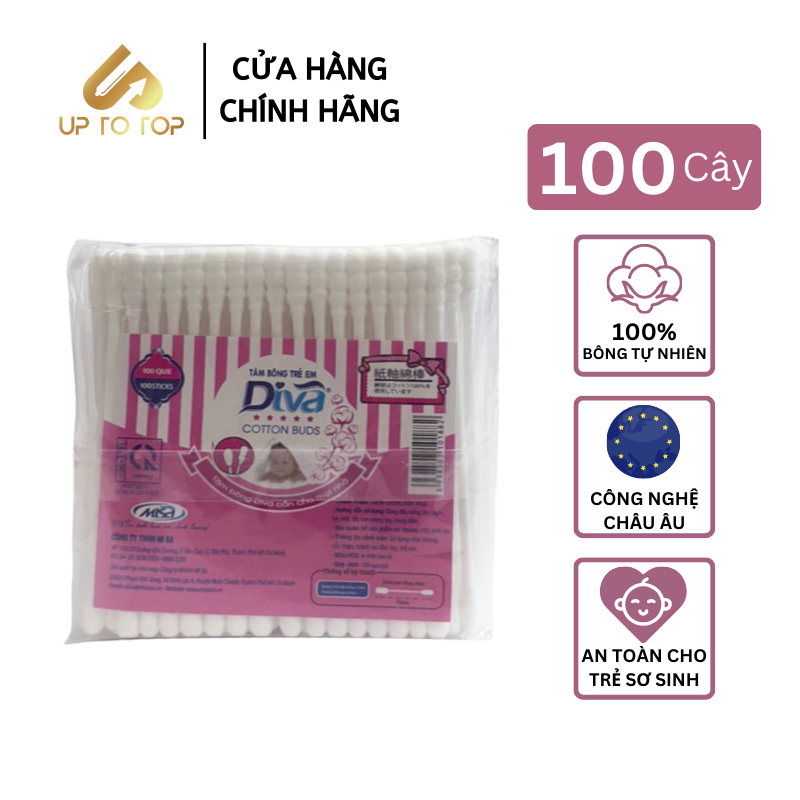Mô tả Tăm bông Diva Baby dành cho bé sơ sinh 100% Bông Tự Nhiên Túi 100 cây - 1