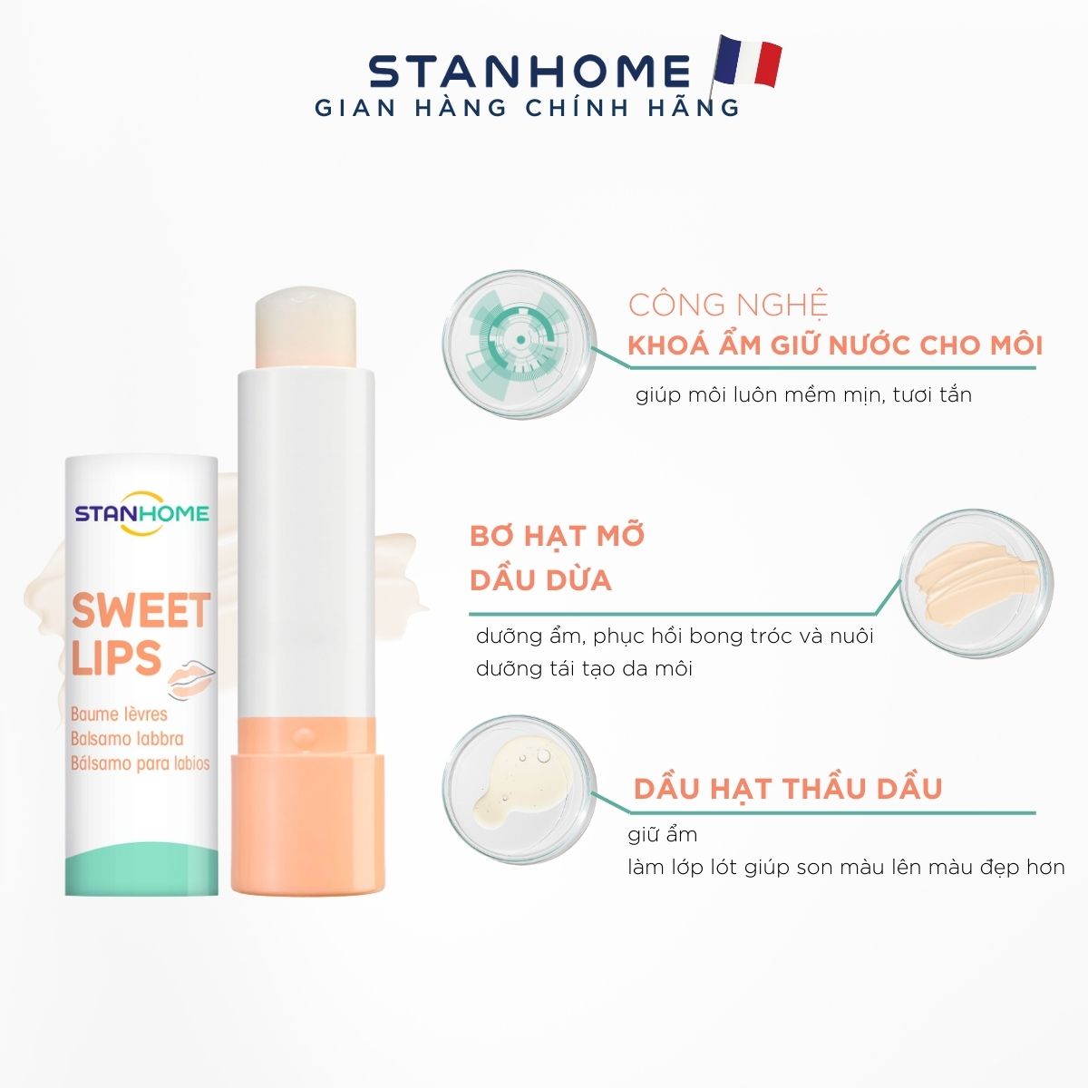 Mô tả Son Dưỡng Môi Cấp Ẩm STANHOME Sweet Lips Làm Mềm Môi Phù Hợp Cho Da Nhạy Cảm 4.8gr - 4