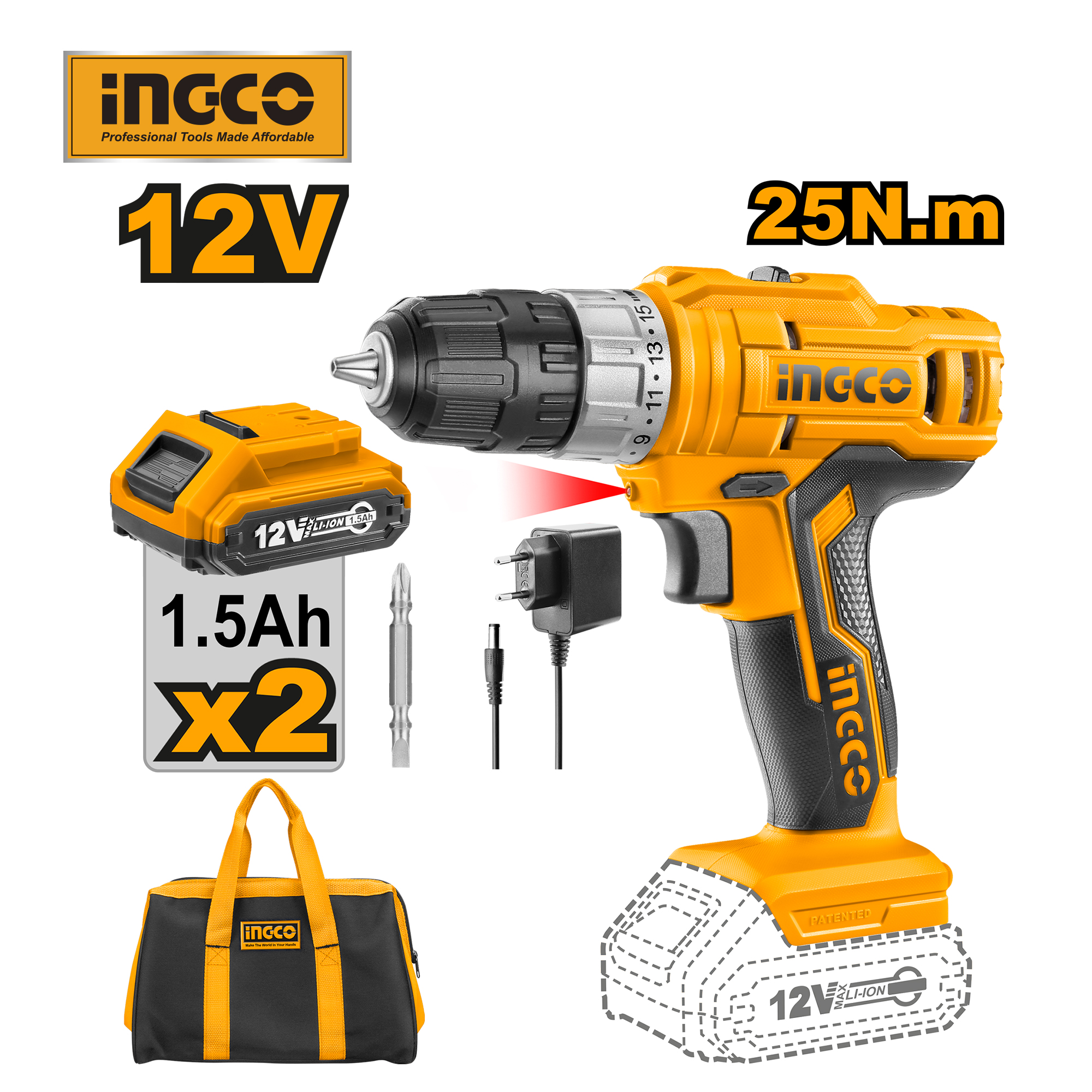 Mô tả Máy khoan pin 12V INGCO CDLI1222 25NM tốc độ không tải đến1350/min nhông 2 tốc độ kèm 2 pin 1 sạc - 1