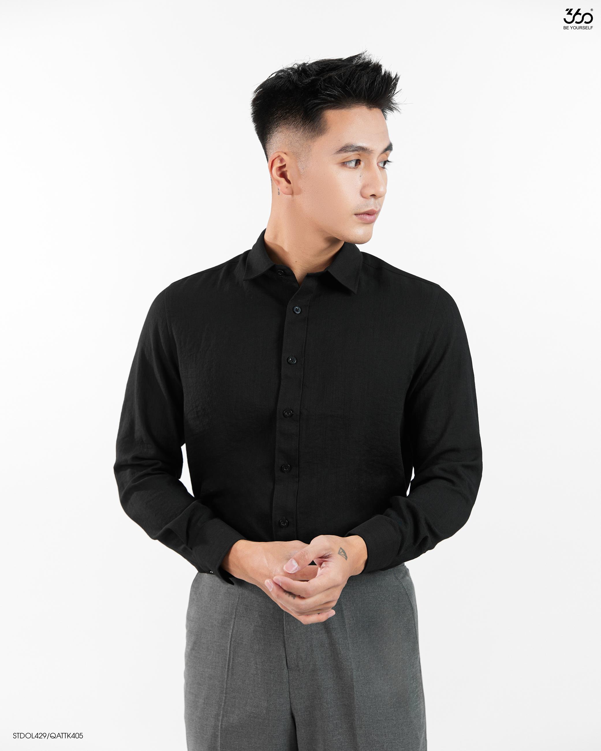 Mô tả Áo sơ mi nam dài tay cổ bẻ đũi xước màu đen 360 Boutique áo công sở đẹp đi học đi làm trơn form rộng - STDOL429 - 2