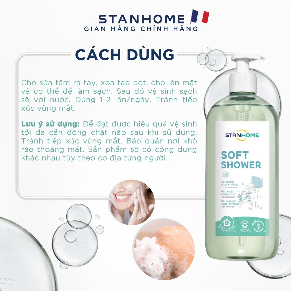 Mô tả Sữa tắm, rửa mặt không xà phòng cho da nhạy cảm giảm ngứa,dịu kích ứng  Stanhome  Soft Shower 740ml/chai - 9