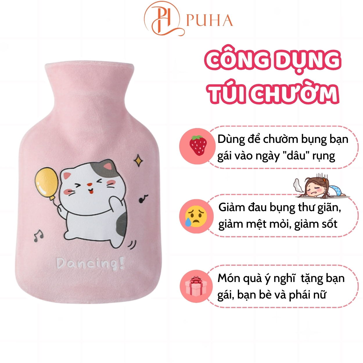 Mô tả Bộ quà tặng túi chườm bụng nóng lạnh ngày dâu Puha, phiên bản gift box tâm lý 350ml YT01 màu xanh - 5