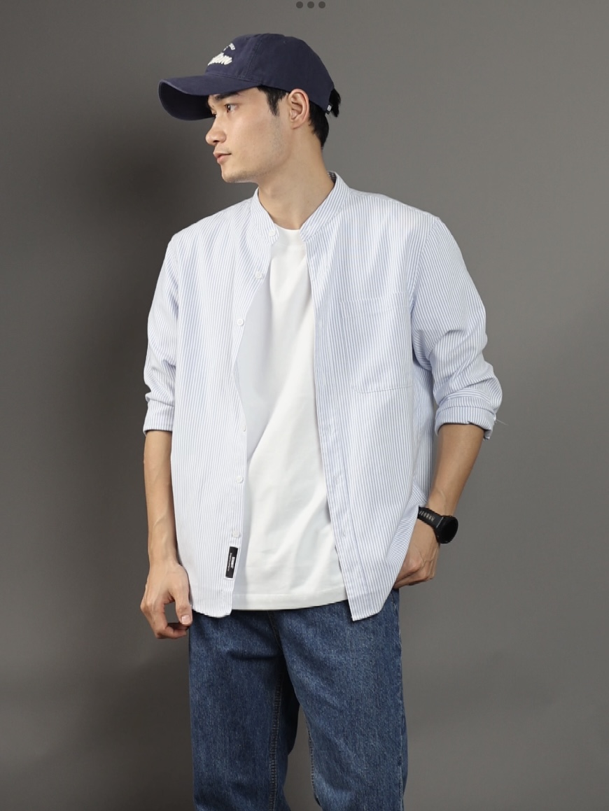 Áo Sơ Mi Nam Cổ Trụ Cotton Oxford Form Suông DENIMST 355 - Kẻ Xanh